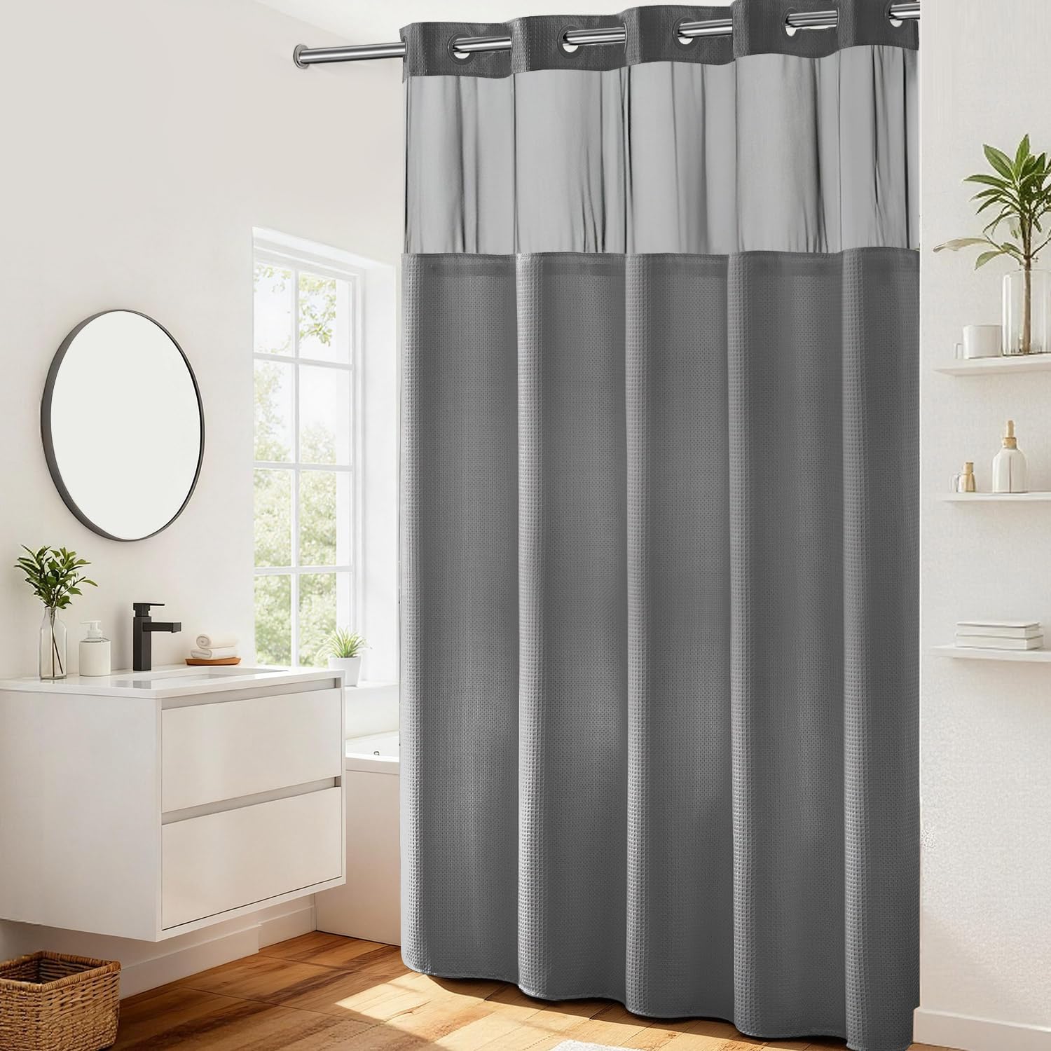 River Dream Waffle Weave Hookless Shower Curtain with Snap-In Liner, Gray