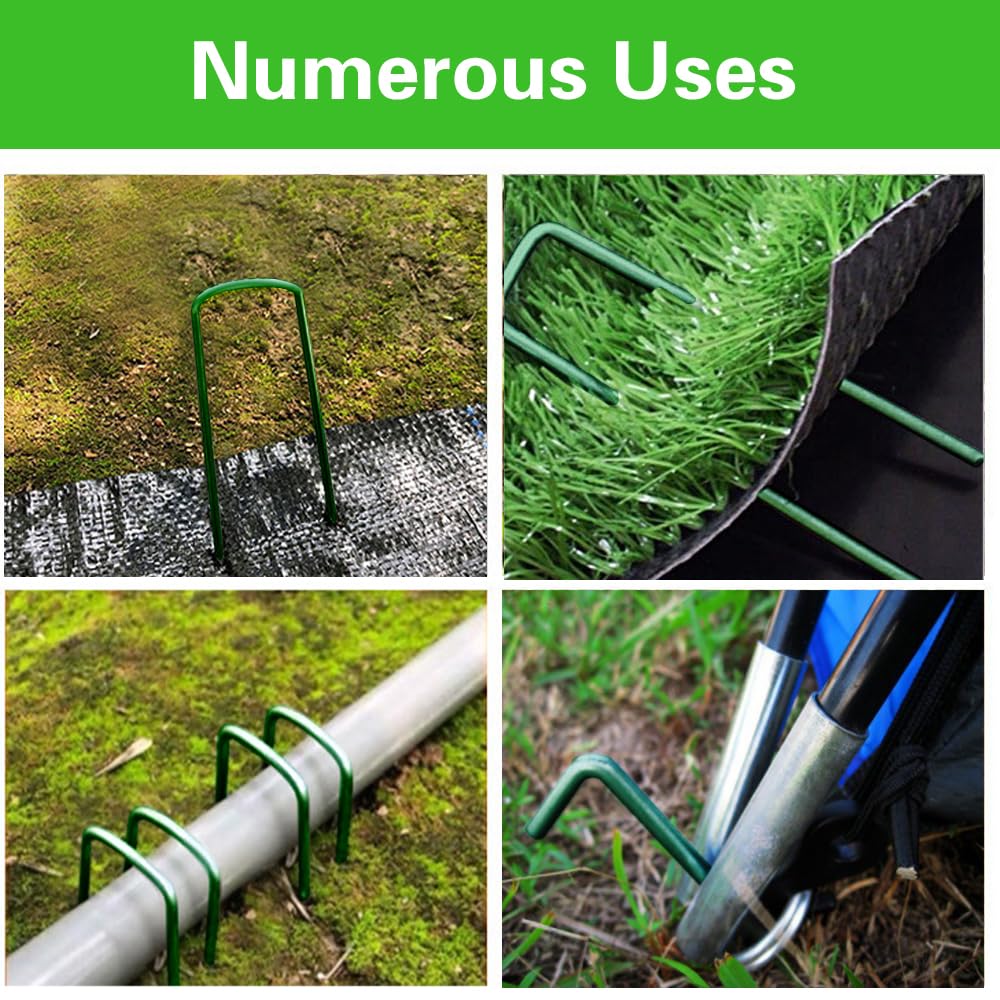 Bakulyor 200 Pack Green Landscape Staples | 6-Inch U-Shaped Steel Garden Pins