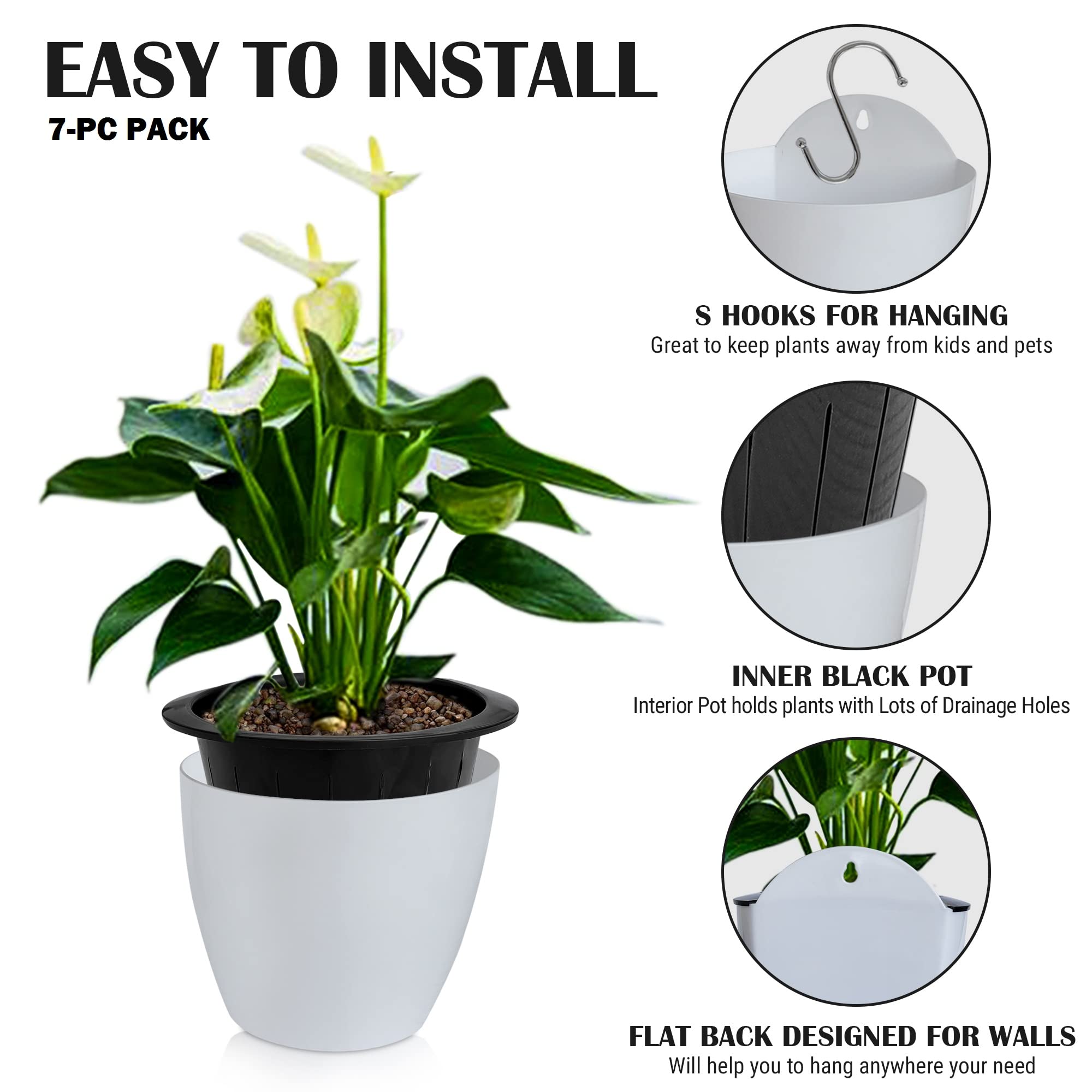 ShoppeWatch 7-Pack Self Watering Wall Planters - 5 Inch Hanging Pots