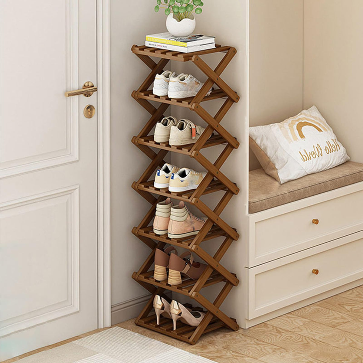 Kiss Me Bamboo Folding 7-Tier Narrow Tall Shoe Rack Portable Brown - image 1