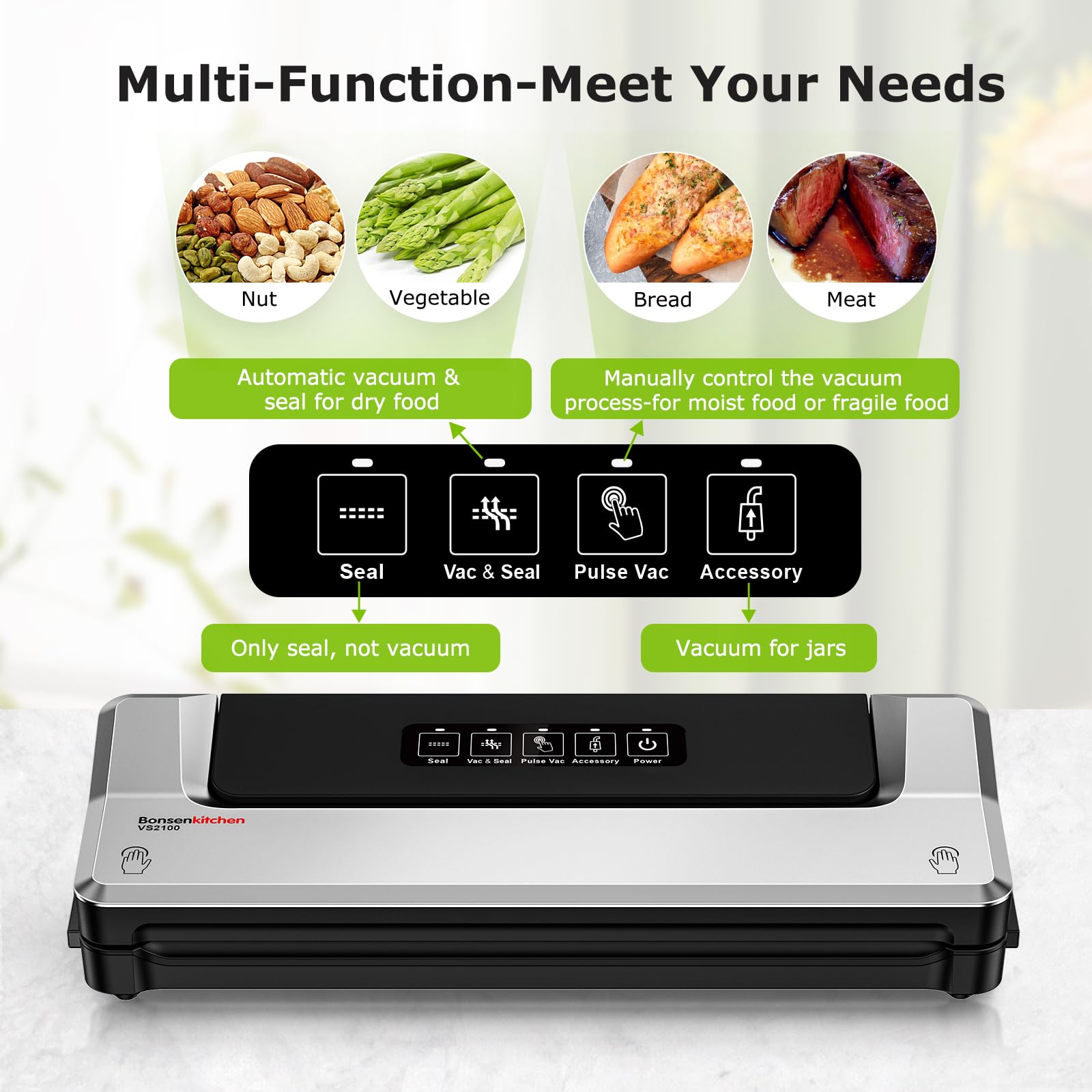 Bonsenkitchen Vacuum Sealer Machine with 40 Bags for Sous Vide - Silver