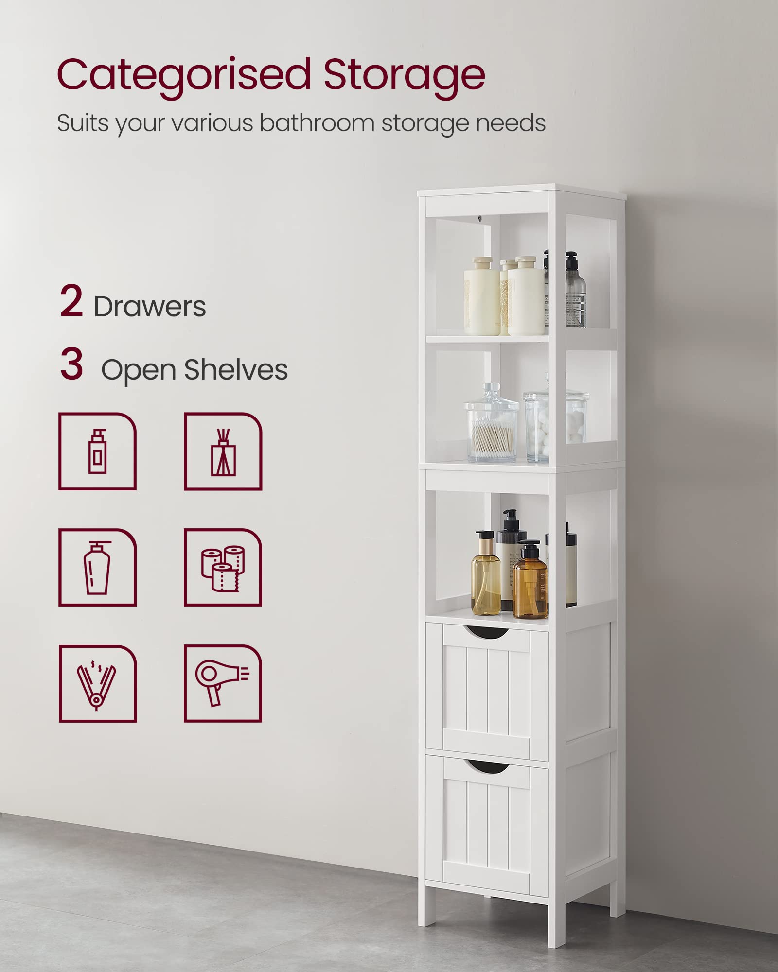 VASAGLE Modern Bathroom Floor Cabinet – White Storage Unit with 2 Drawers