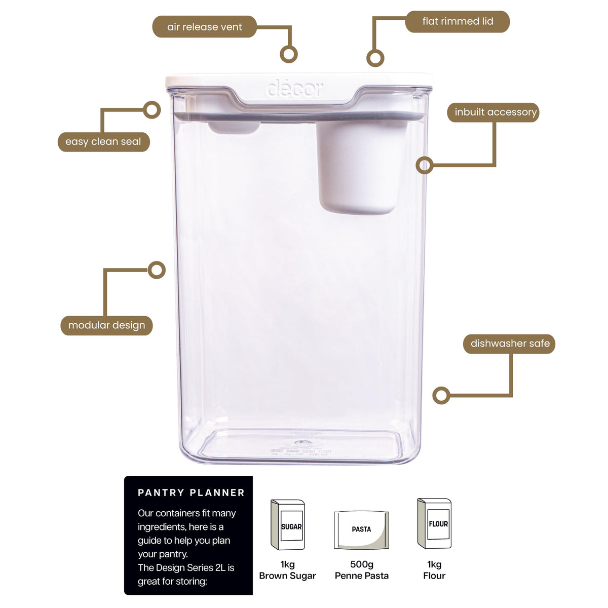 Décor Pantry Storage Container 2L with Quarter Cup Measure - Design Series, Airtight, BPA-Free, Modular Stackable, Dishwasher Safe, Australian Made