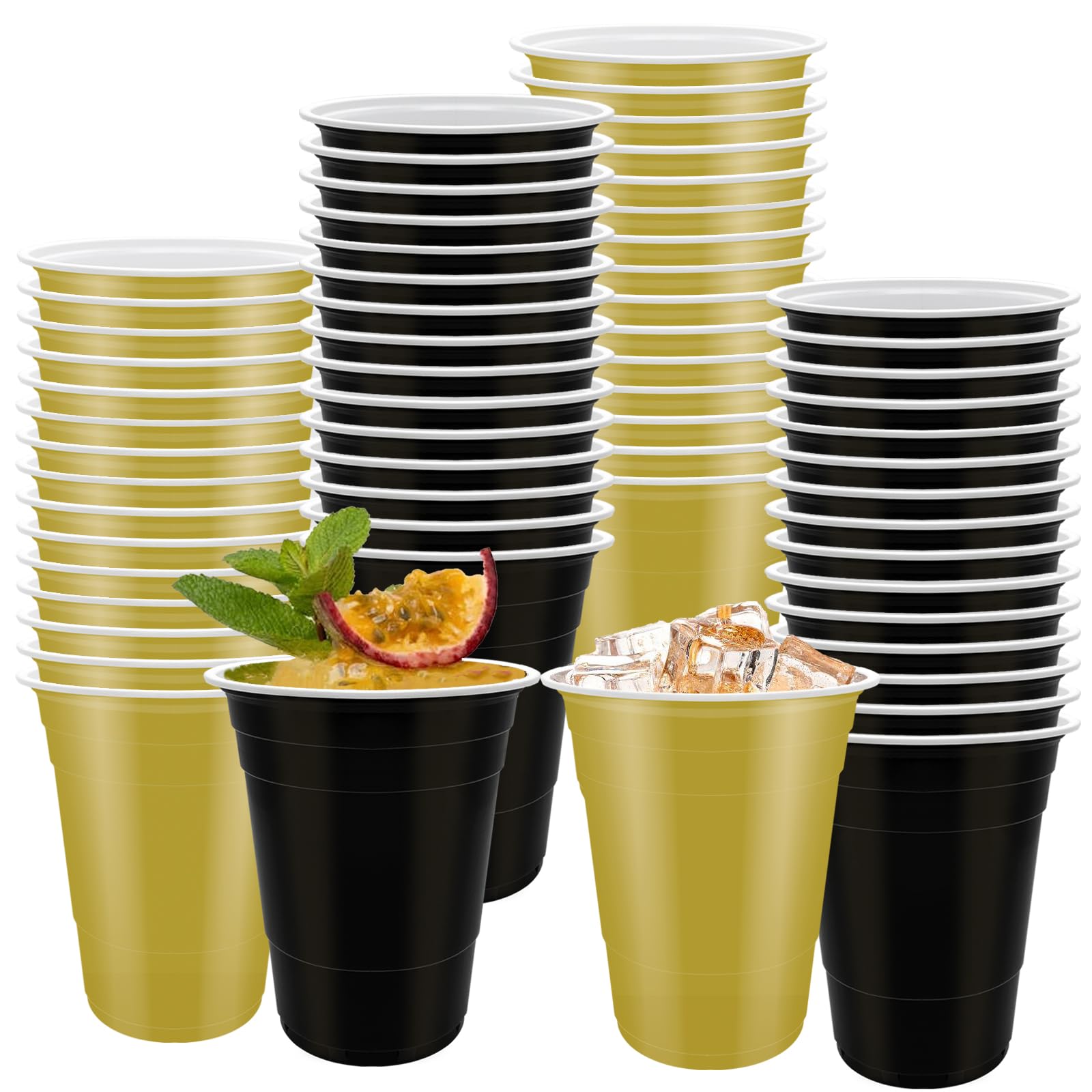 Regaosly 60 Pcs Black and Gold Plastic Cups – 16oz Reusable Party Cups
