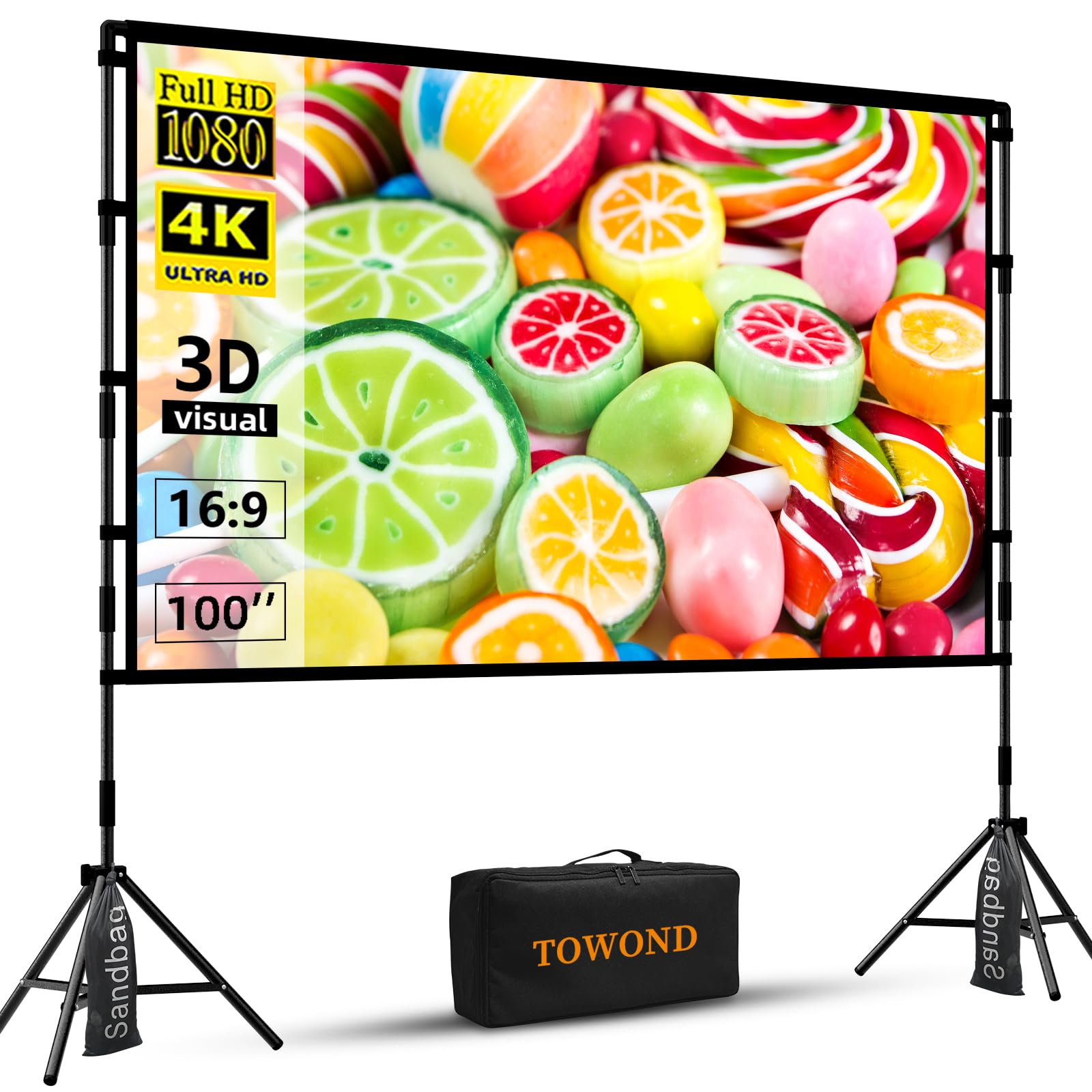 Towond 100 inch Projector Screen with Stand | 4K HD Portable Outdoor