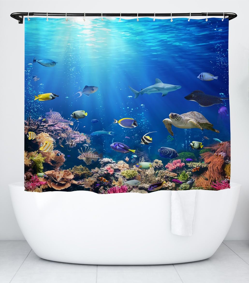 Jolof Store Ocean Fish Short Shower Curtain – Waterproof Fabric, 180x150cm