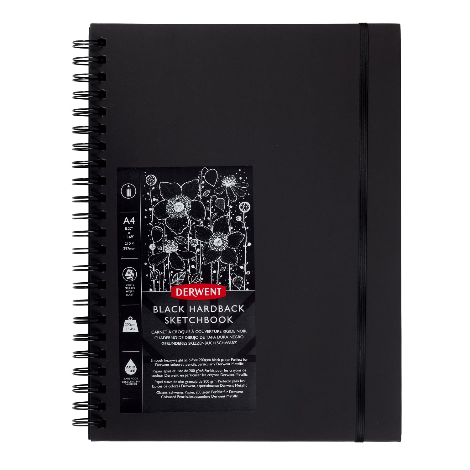 Derwent Black Paper Sketch Book | A4 Portrait Wirebound Pad | 40 Sheets