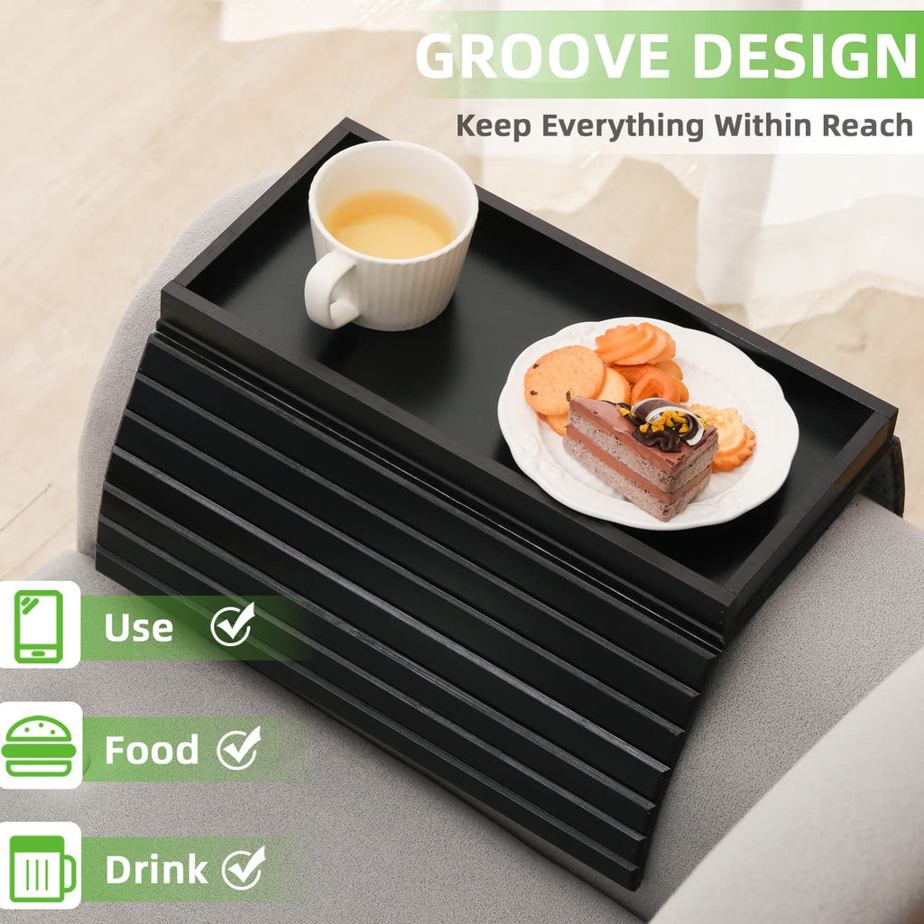 GEHE Bamboo Sofa Arm Tray – Foldable Anti-Slip Couch Armrest Table, Black