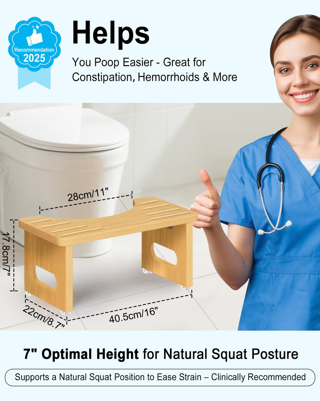 Foldable Toilet Stools, 17.8 CM Wooden Toilet Stool with Anti-Slip Feet, Space Saving, 35° Durable C Shaped Stool Yellow