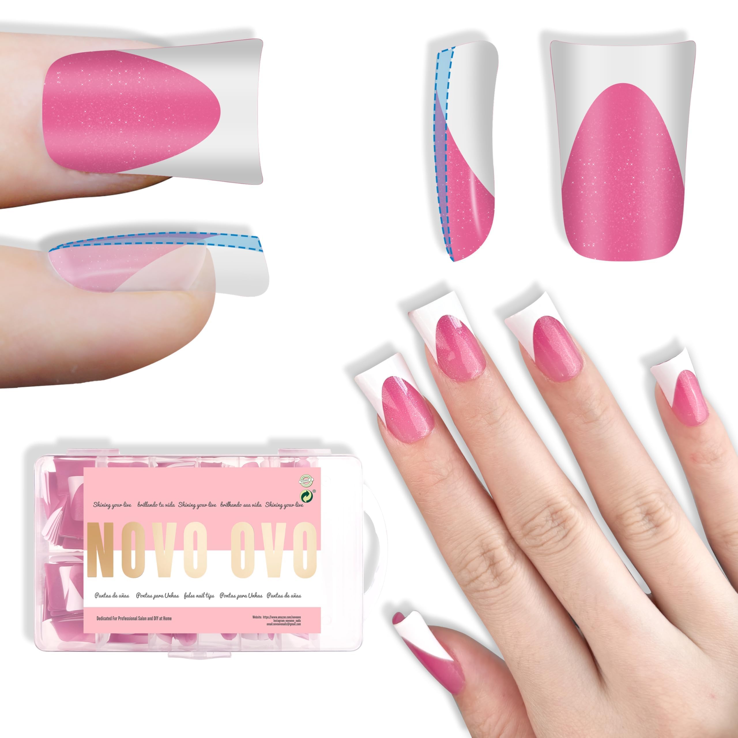 NOVO OVO Short Duck Press On Nails | Rose Pink Glitter French Tip Soft Gel