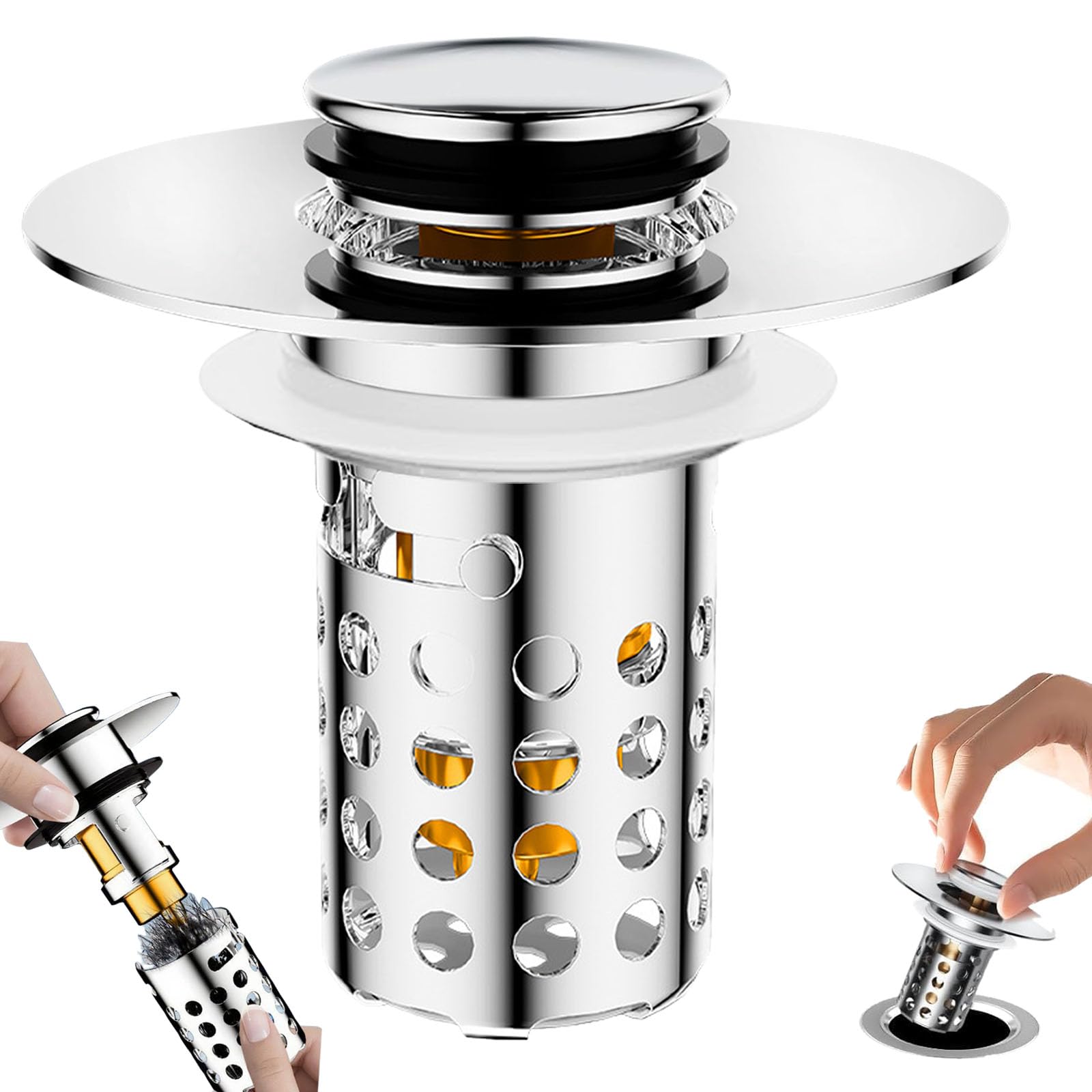 JTENGYAO 3-in-1 Universal Pop Up Sink Plug | Stainless Steel Hair Catcher