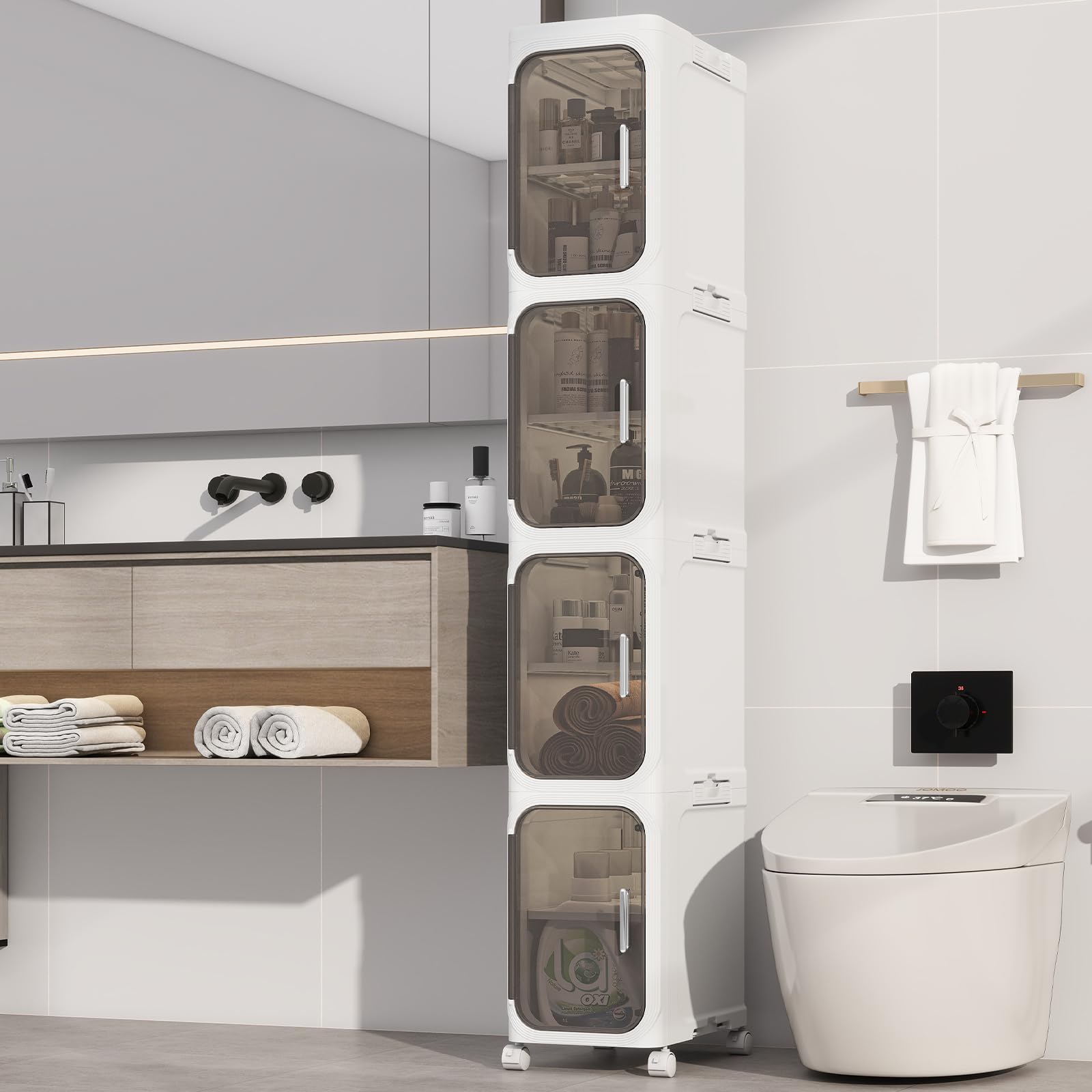 KHNR Narrow Bathroom Cabinet – 4-Tier Foldable Rolling Storage Cart