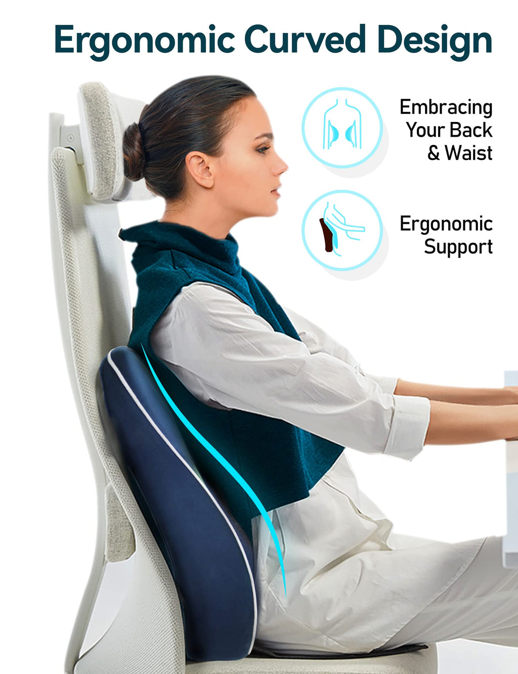 Travel Ease Memory Foam Lumbar Support Cushion for Office Chairs - Dark Blue