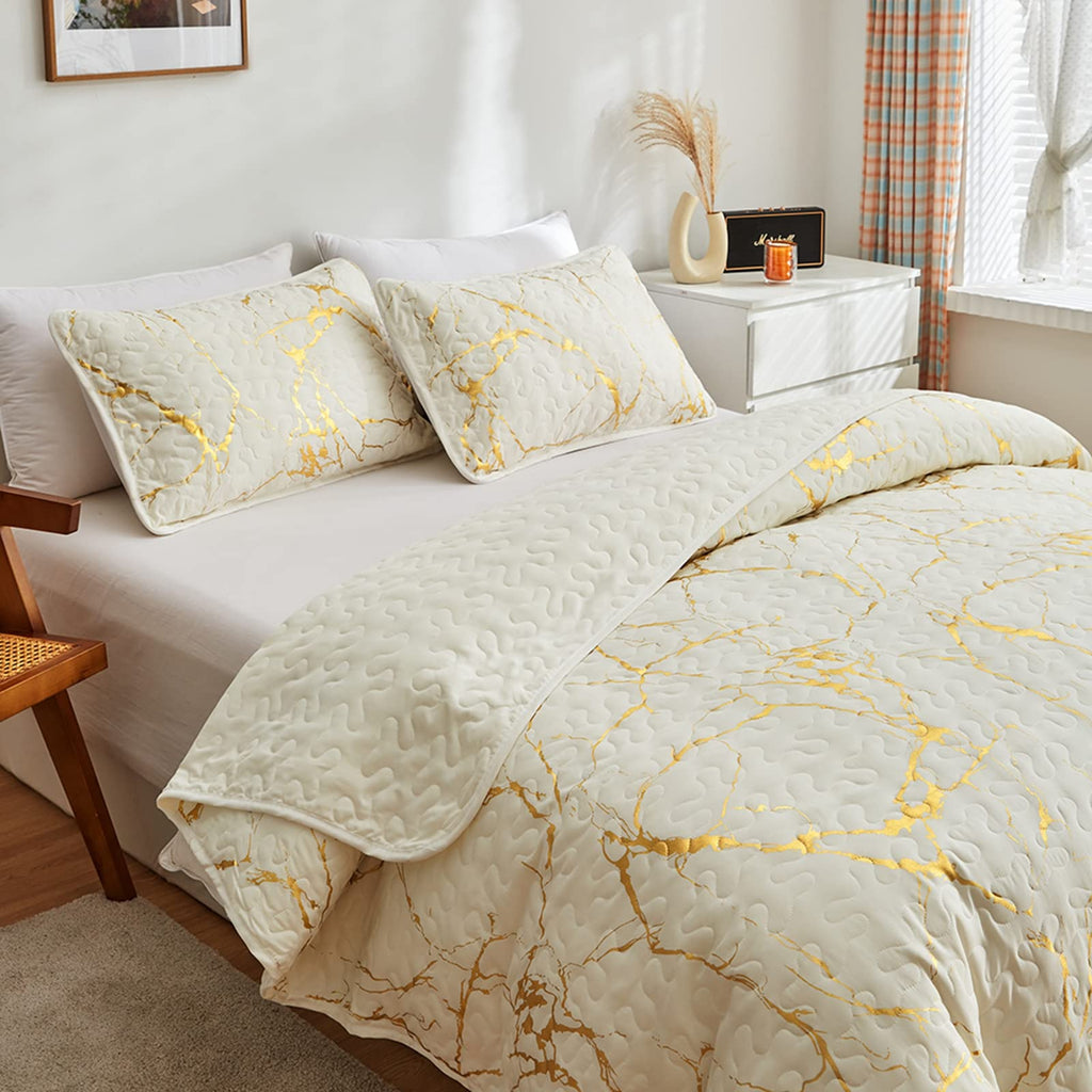 HAVOP King Size Bedspread Set | Gold Marble Printed Beige Microfiber Quilt