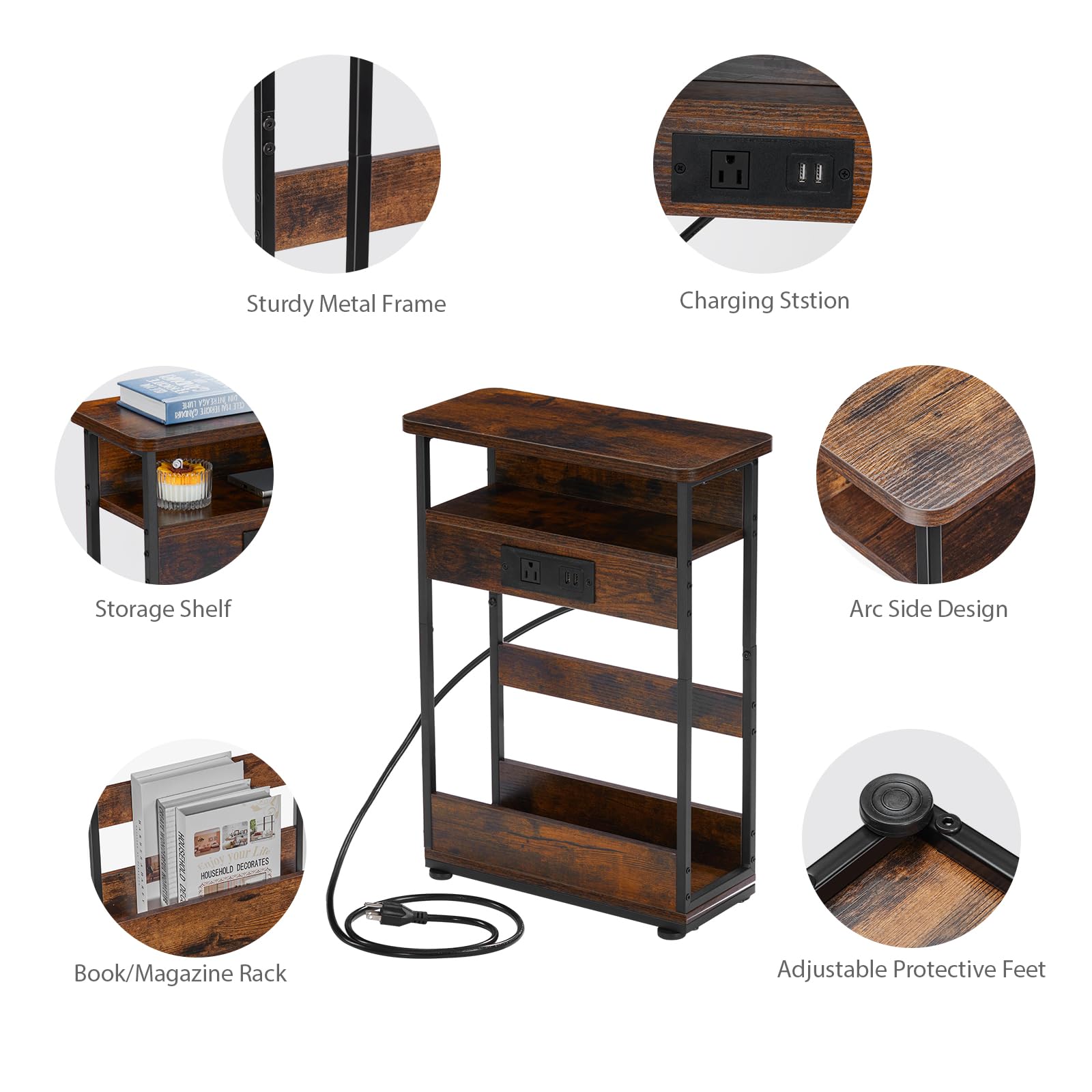 Narrow Side Table with Charging Station – Rustic Brown