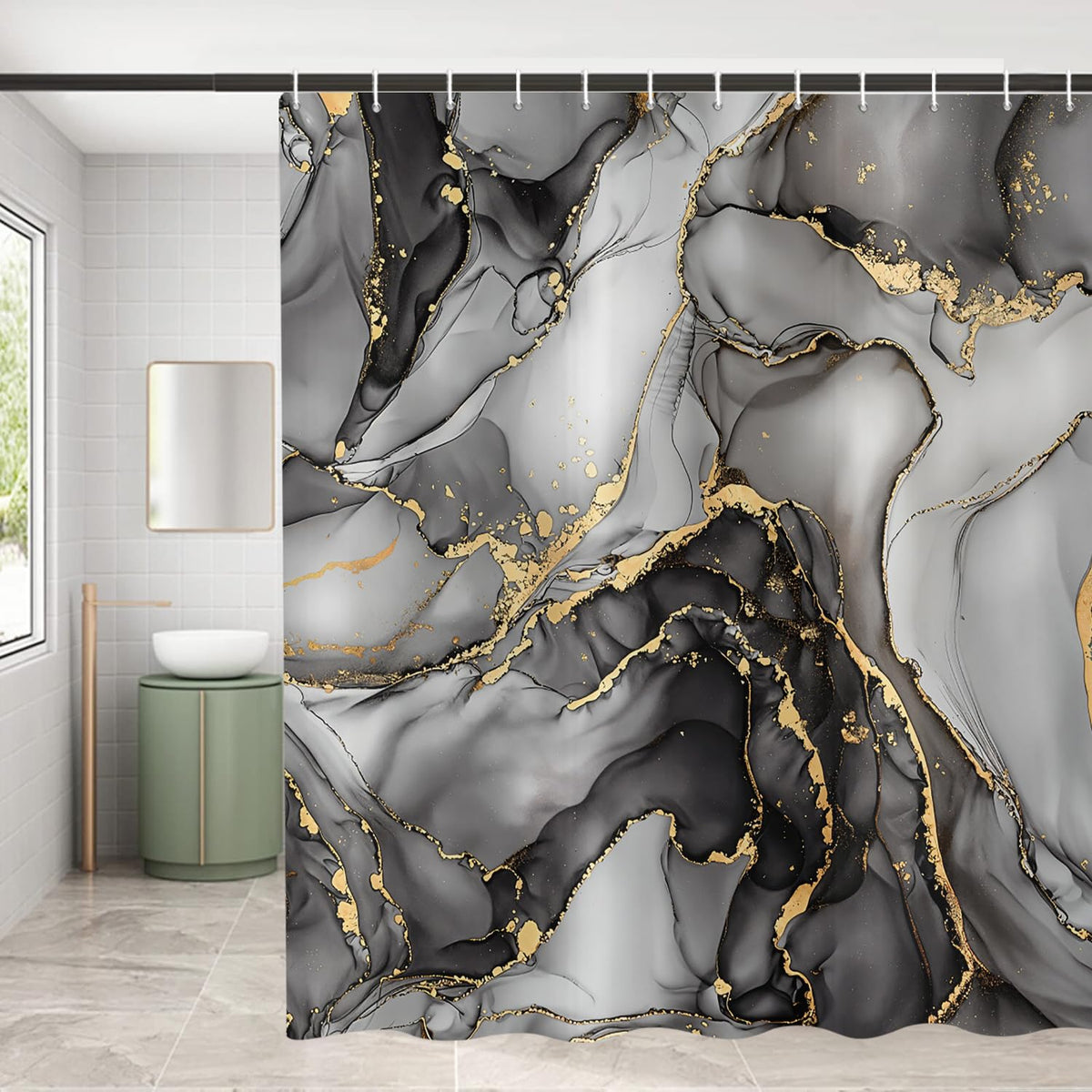 ASDCXZ Black Marble Shower Curtain 180x200 cm, Modern Abstract Art Gray Black Gold Marble Optics Texture Waterproof Bath Curtain Polyester Textile - image 4