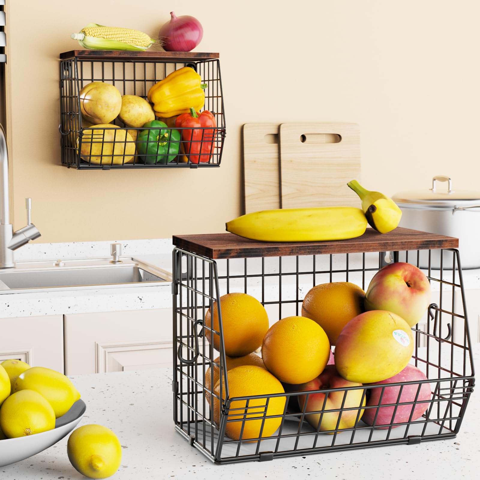 Mefirt Fruit Basket with Banana Hanger – Stackable 2-Tier Metal Storage Rack