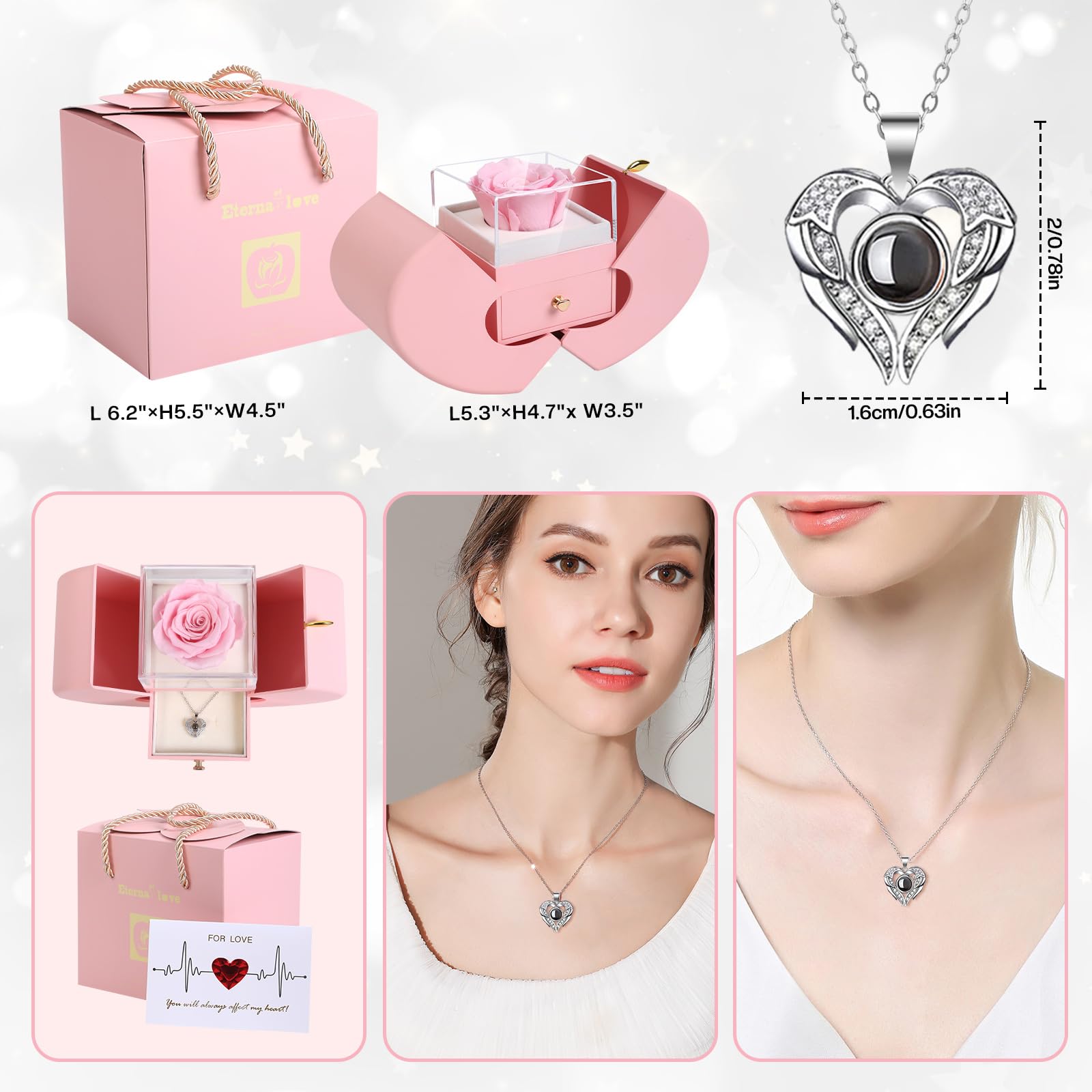 Firestyle Preserved Real Rose Gift Box with 100 Languages Love Necklace
