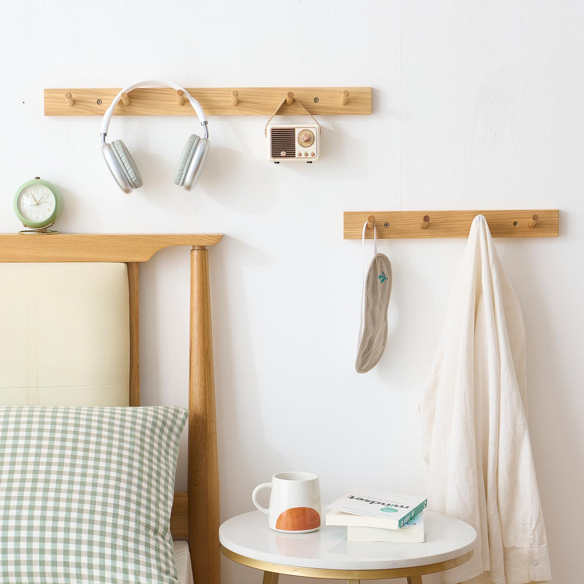 TREOAKWIS Coat Hooks Wall Mounted, 50cm Wooden Coat Rack with 5 Hooks