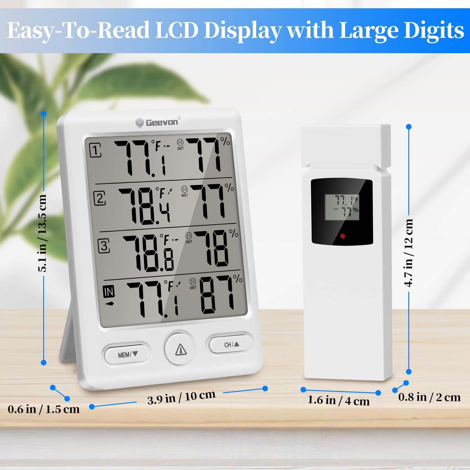 Geevon Wireless Indoor Outdoor Thermometer with 3 Remote Sensors & Hygrometer