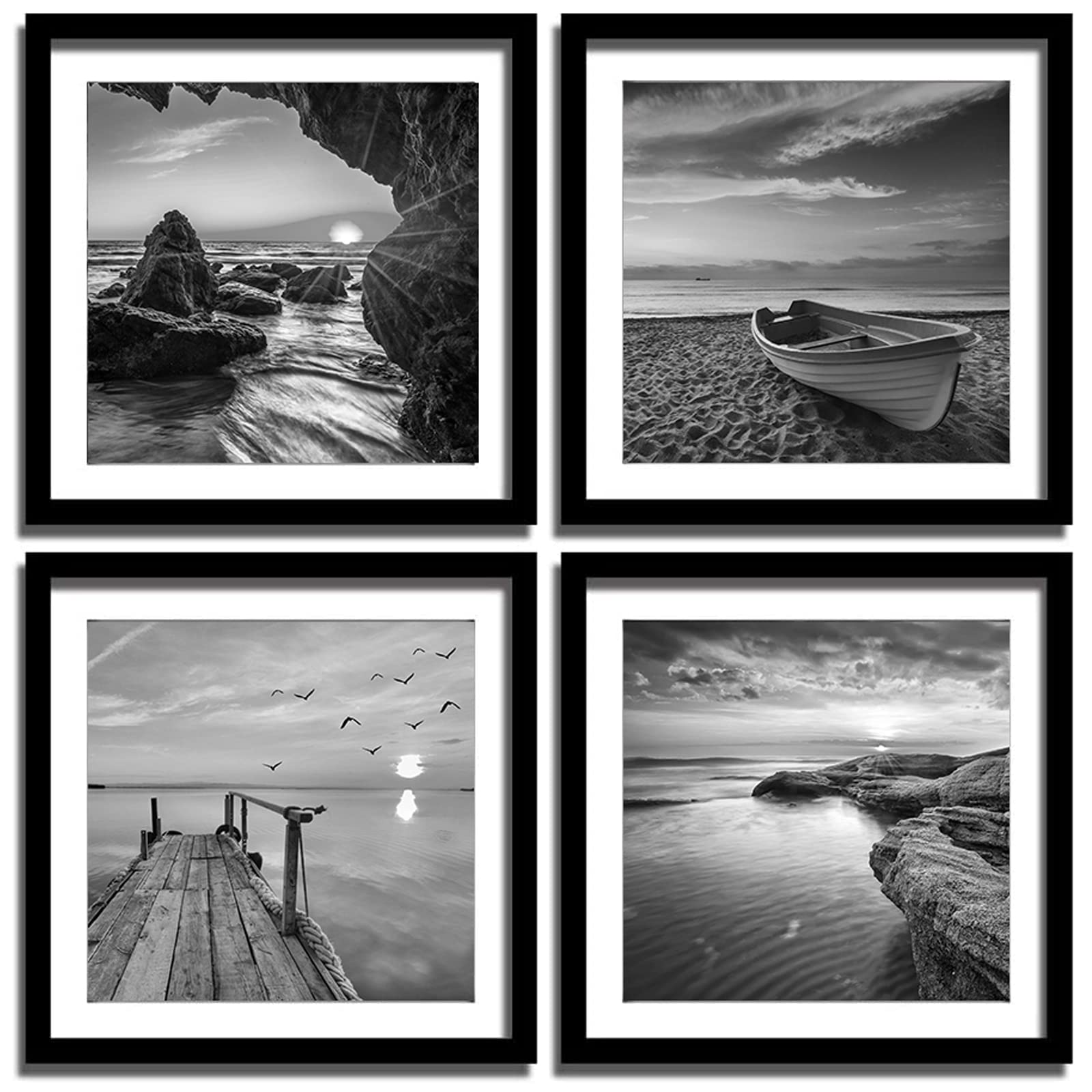 Black and White Seascape Wall Art | 12x12 Framed Prints 4PCS
