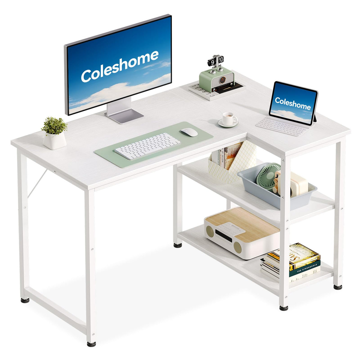 Coleshome L Shaped Gaming Desk for Small Space, 100x70 cm White - image 1