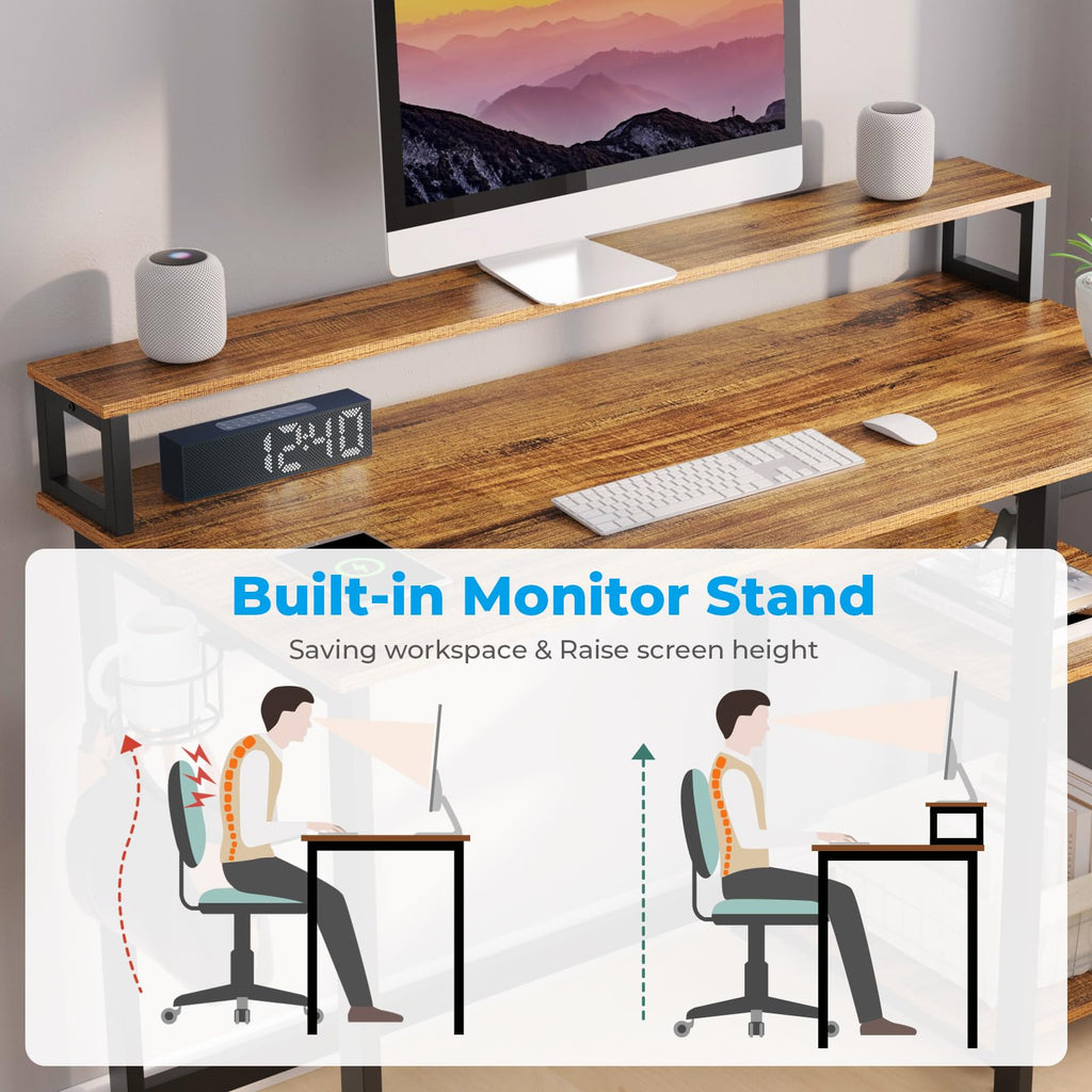 GreenForest 100cm Computer Desk with Monitor Stand & Storage Shelves