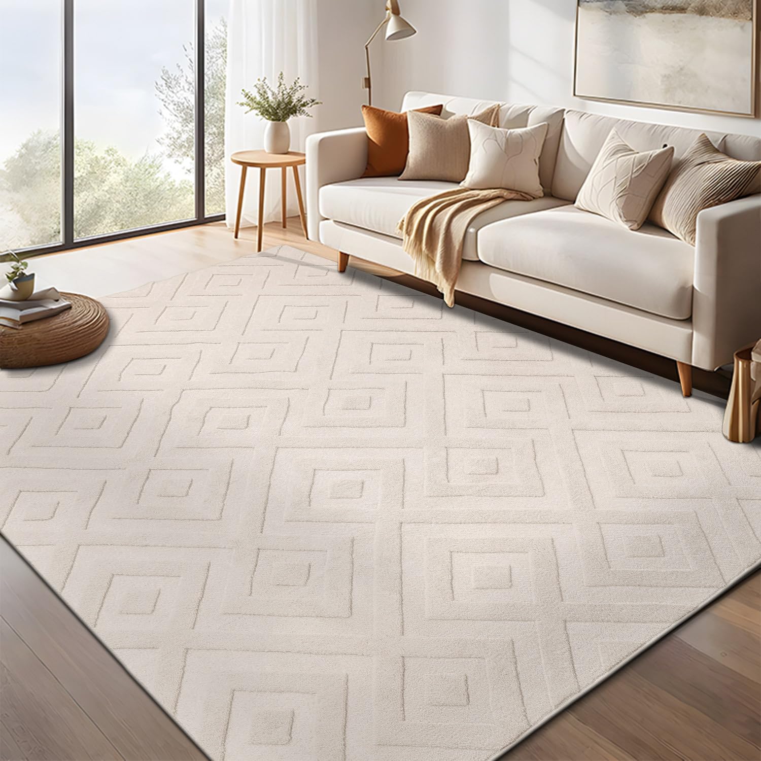 SHACOS Modern Cream Area Rug – 160x230cm Washable Shaggy Geometric Carpet
