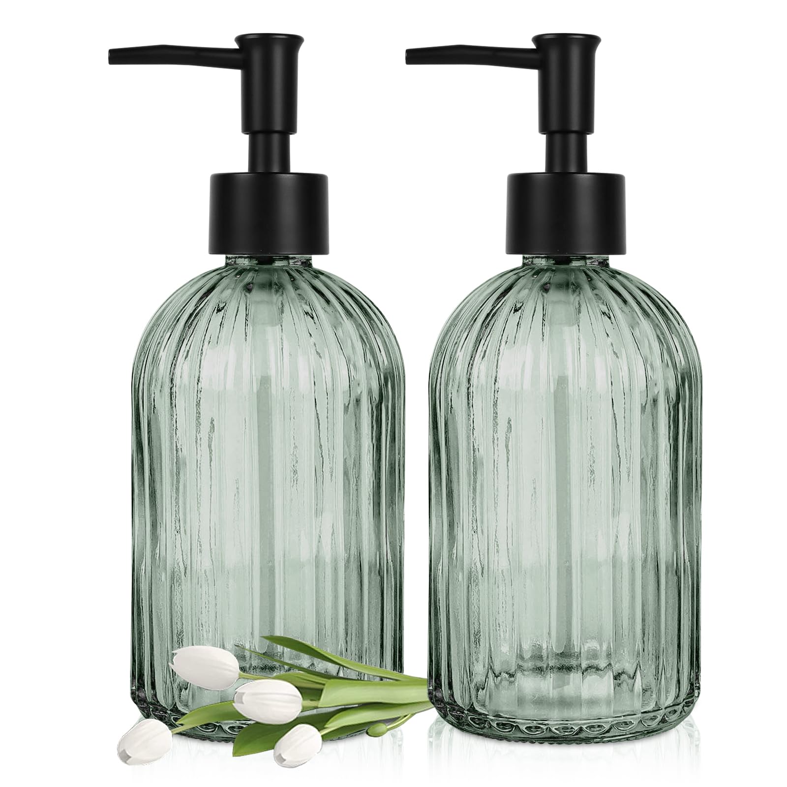 2-Piece Glass Soap Dispenser Set | 13.5oz Refillable Green