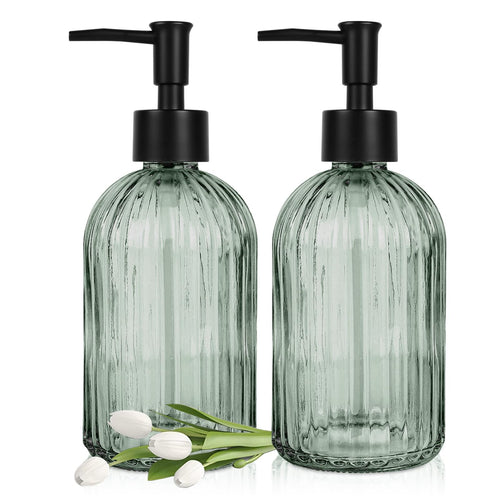 2-Piece Glass Soap Dispenser Set | 13.5oz Refillable Green