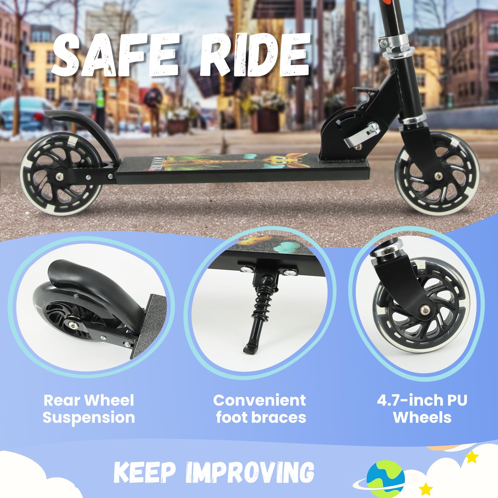 TENBOOM Kids Scooter with Light Up Wheels – Foldable 2-Wheel Kick Scooter