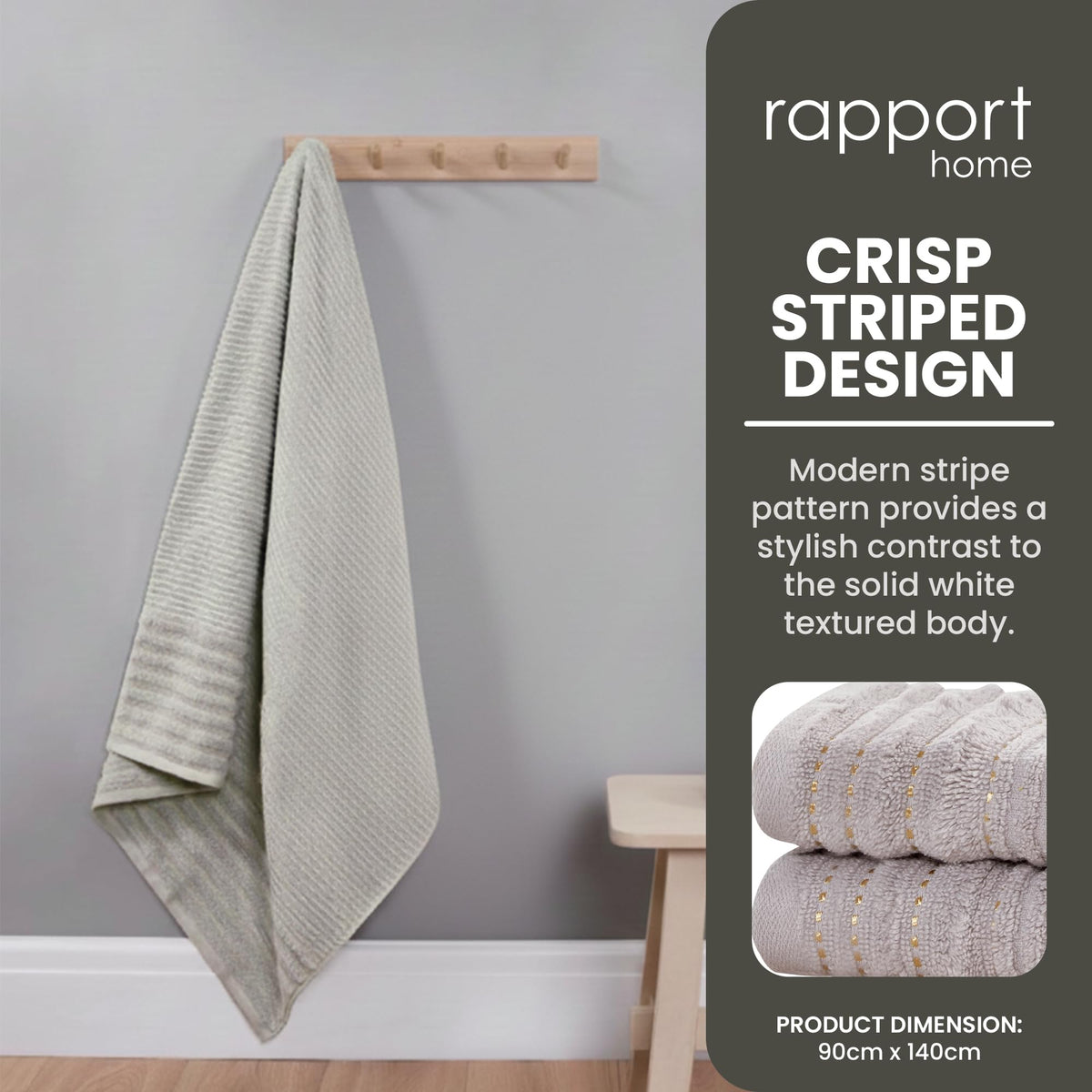 Rapport Home Linear Bath Sheets 2 Pack | Dove Grey | 90x140cm | Luxurious 500GSM 100% Cotton | Oeko-Tex Certified Absorbent & Soft Bathroom Towels - image 3