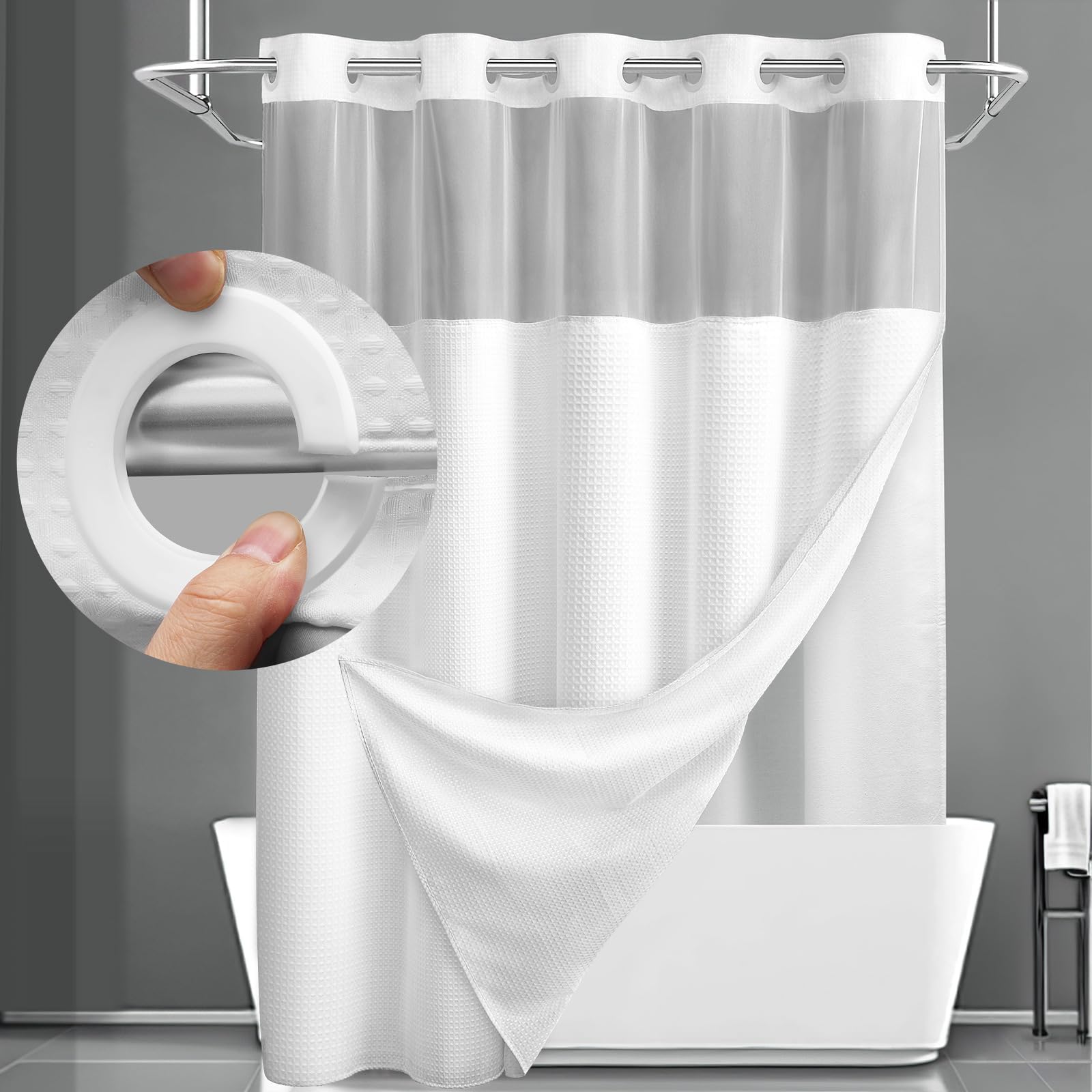 YellyHommy No Hook Waffle Shower Curtain with Snap-in Liner, White, 72x75"