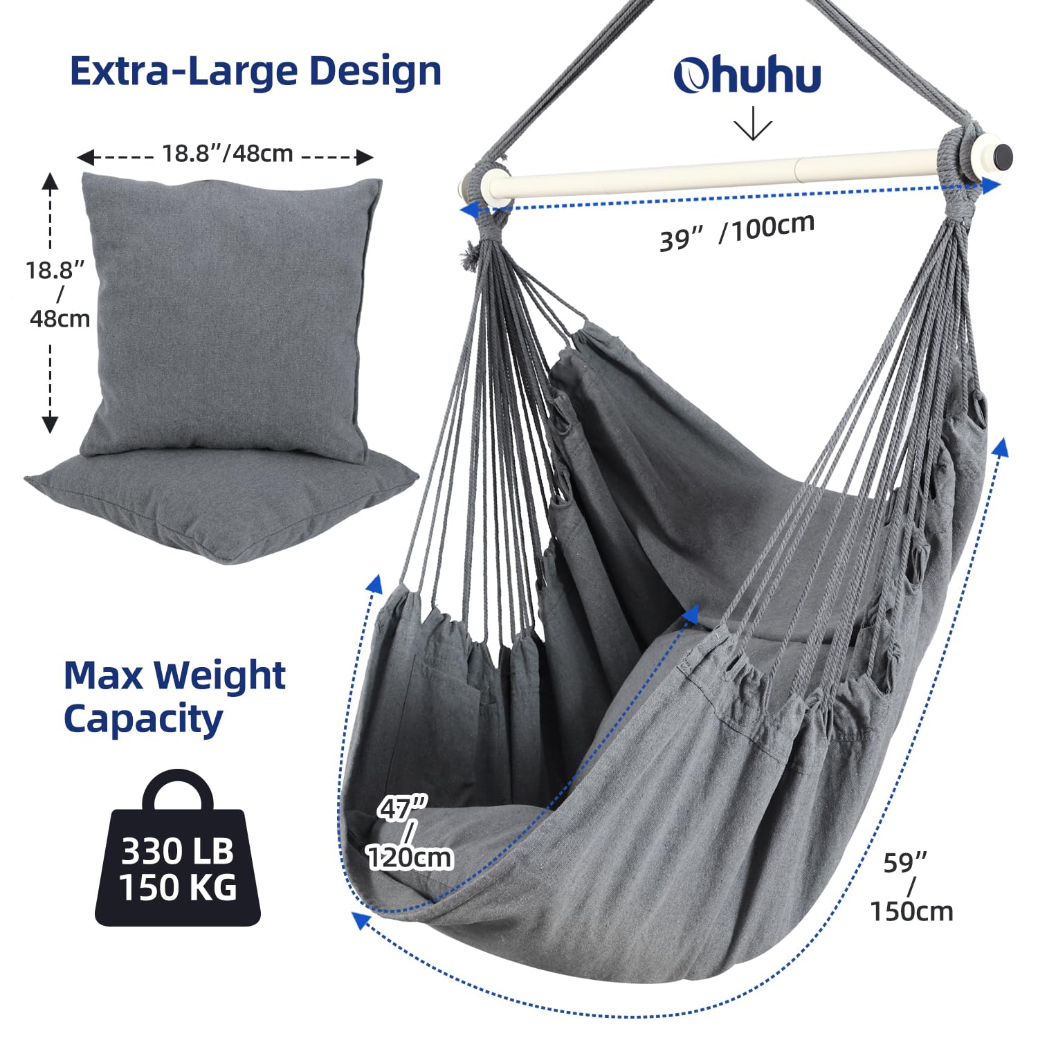 Ohuhu XL Hanging Hammock Chair with 2 Cushions & Hardware - Jolof Store