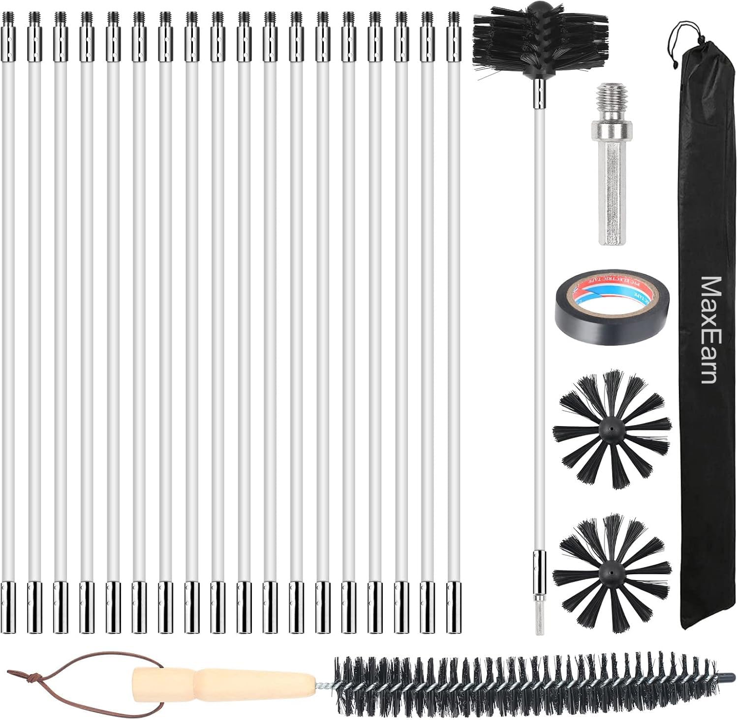 MaxEarn 24Pcs Chimney Cleaning Brush Kit | 18 Flexible Rods & 6" Head