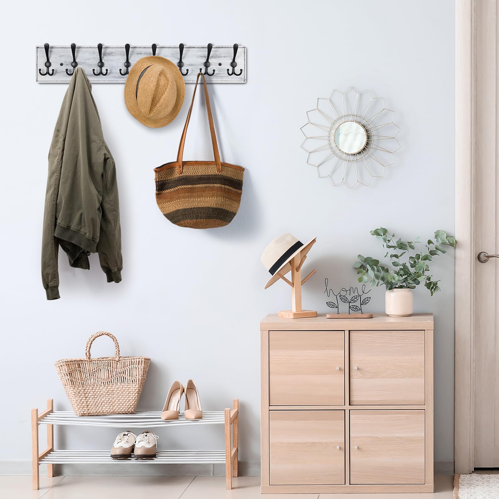PHINGEER Wall Mounted Coat Rack | 8 Triple Hooks Heavy Duty Pine Wood