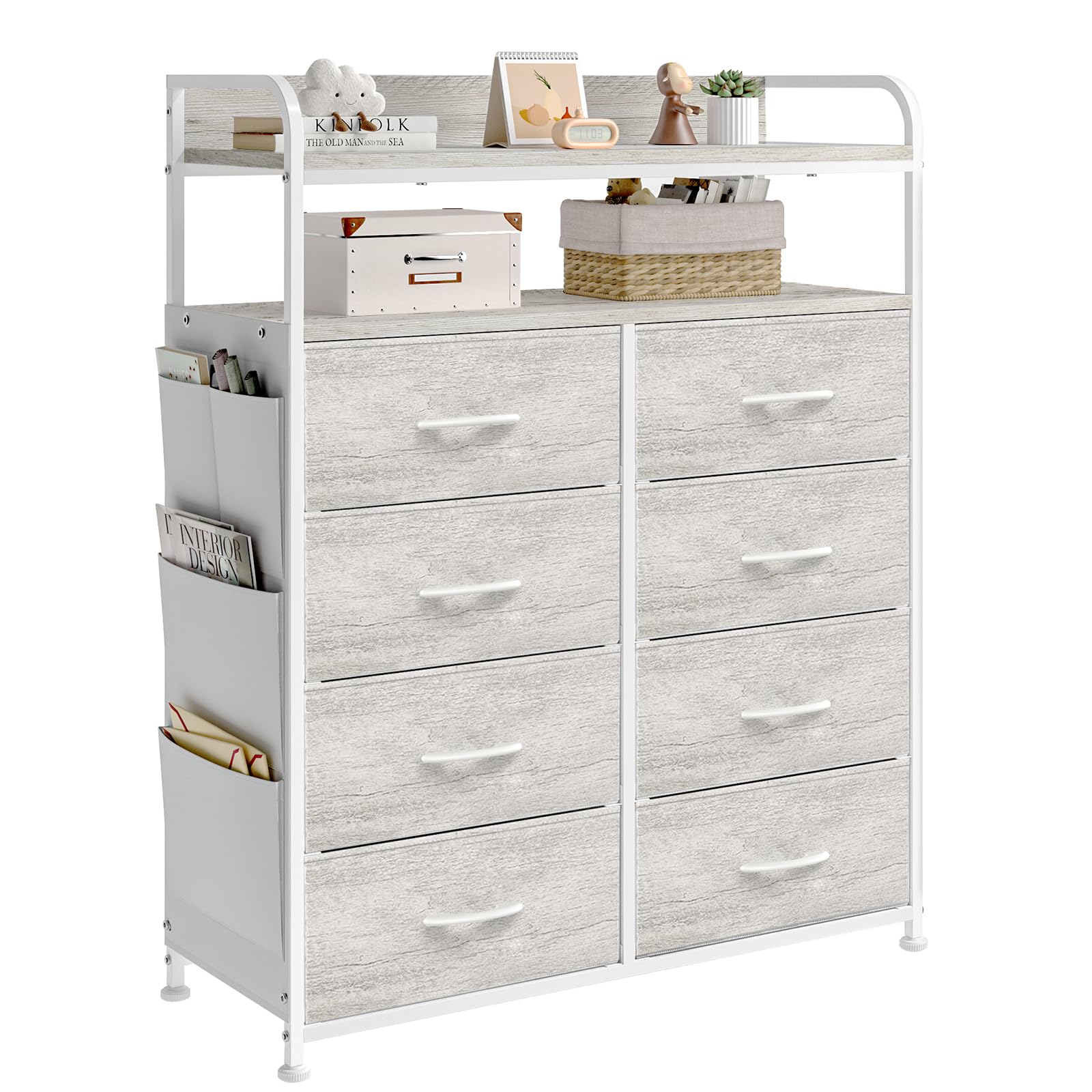 Mintnook 8-Drawer Bedroom Chest with 2-Tier Wood Shelves – White Oak