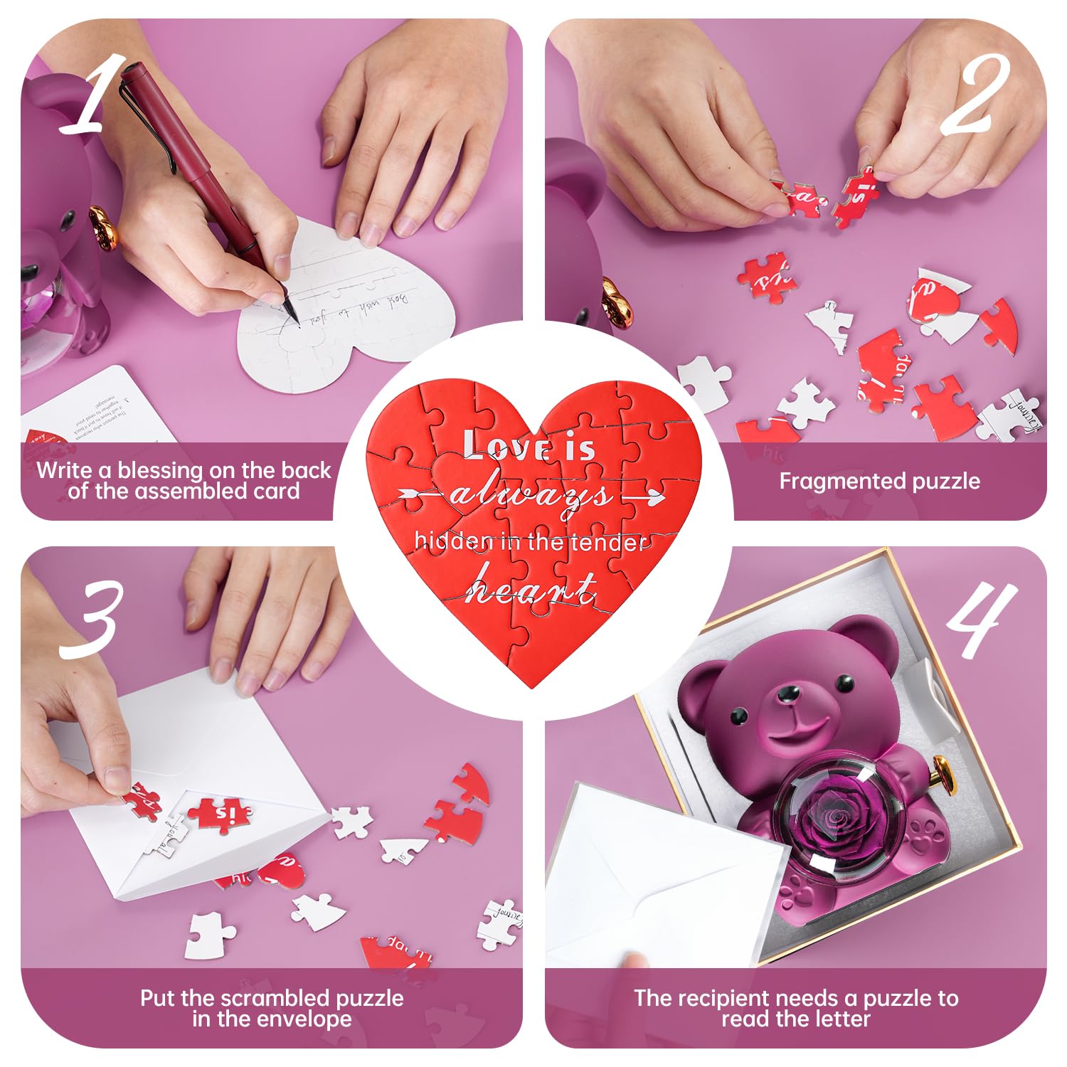 Ariceleo Purple Teddy Bear with Preserved Rose and Heart Necklace