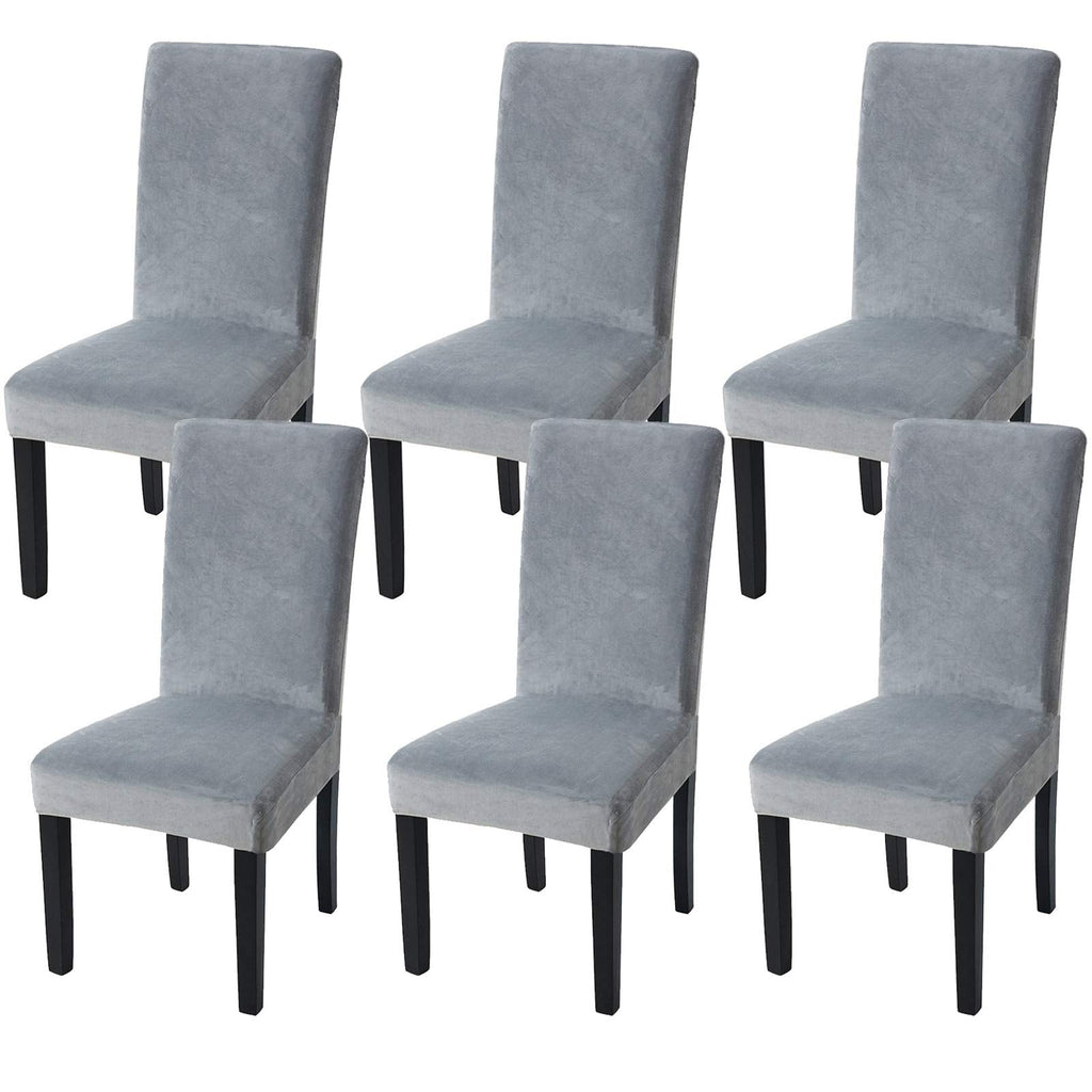 Fuloon Velvet Dining Chair Covers – Grey Stretch Slipcovers, Set of 6