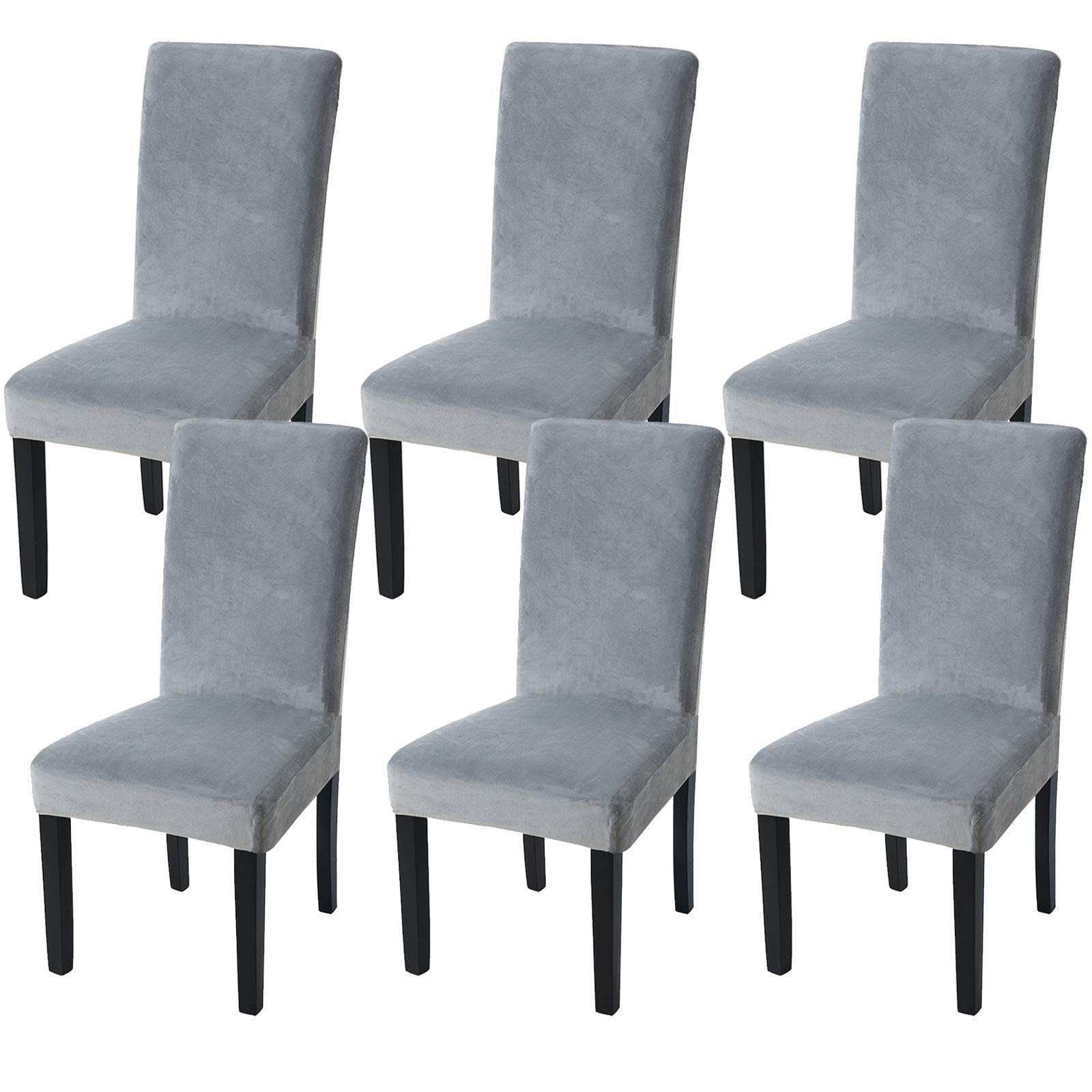 Fuloon Velvet Dining Chair Covers – Grey Stretch Slipcovers, Set of 6