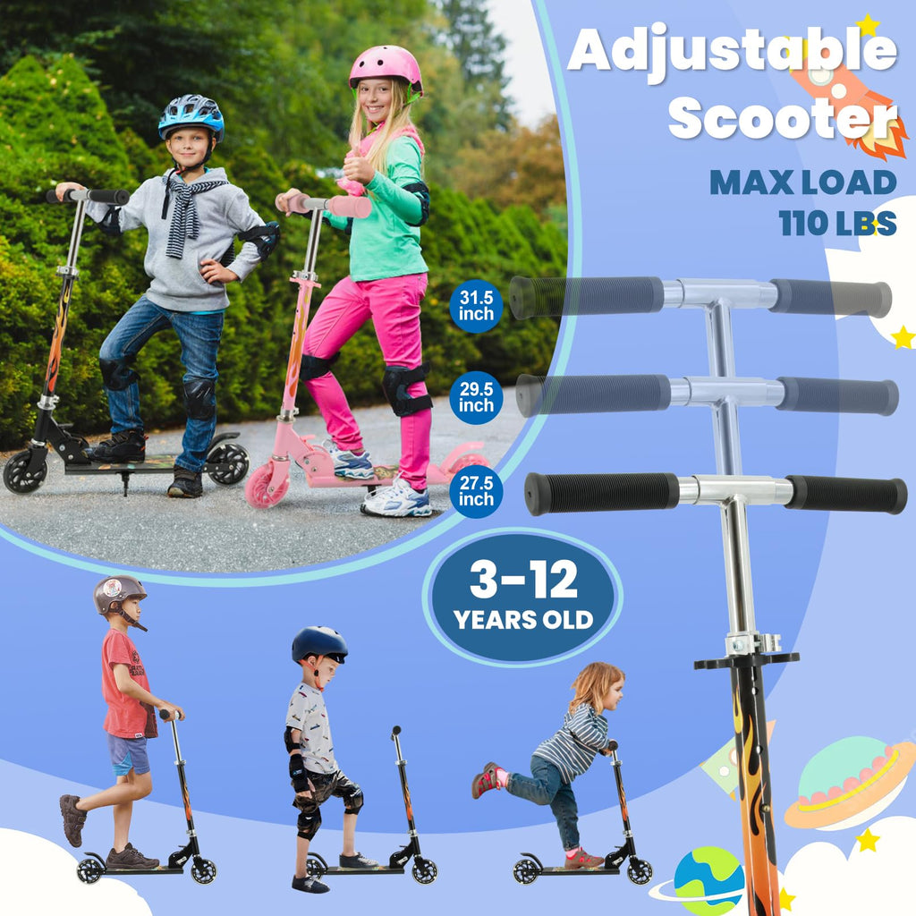 TENBOOM Kids Scooter with Light Up Wheels – Foldable 2-Wheel Kick Scooter