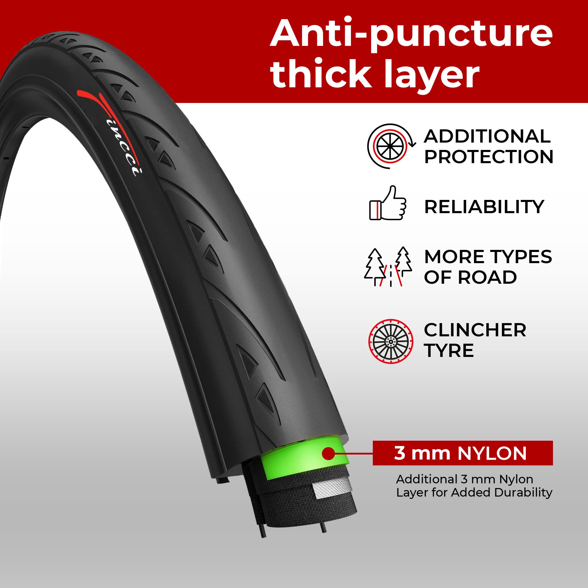 Fincci 700x25c Road Bike Tyres - Pair 3mm Puncture Protection 60 TPI