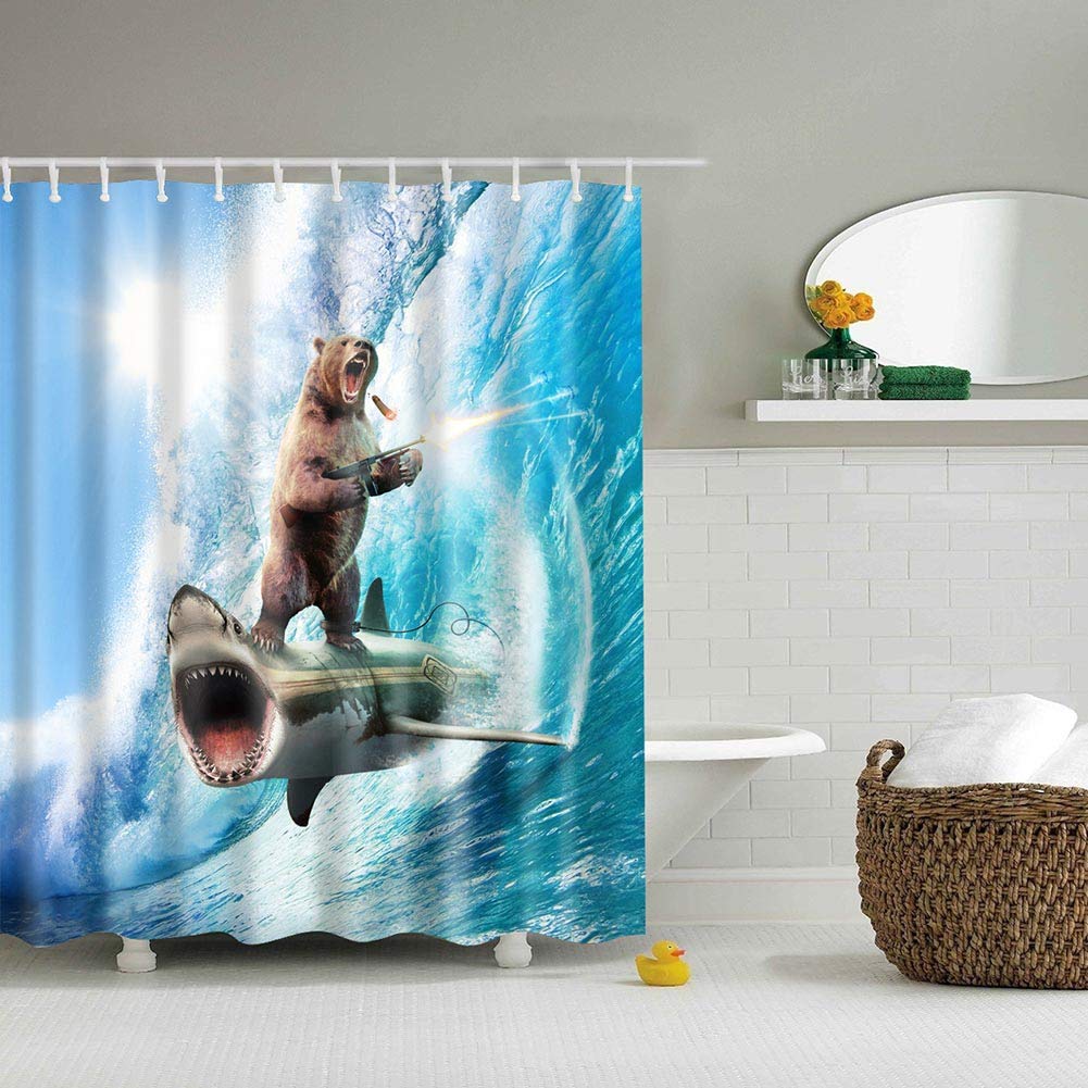 Jolof Store Bear & Shark Digital Print Shower Curtain – Waterproof Polyester
