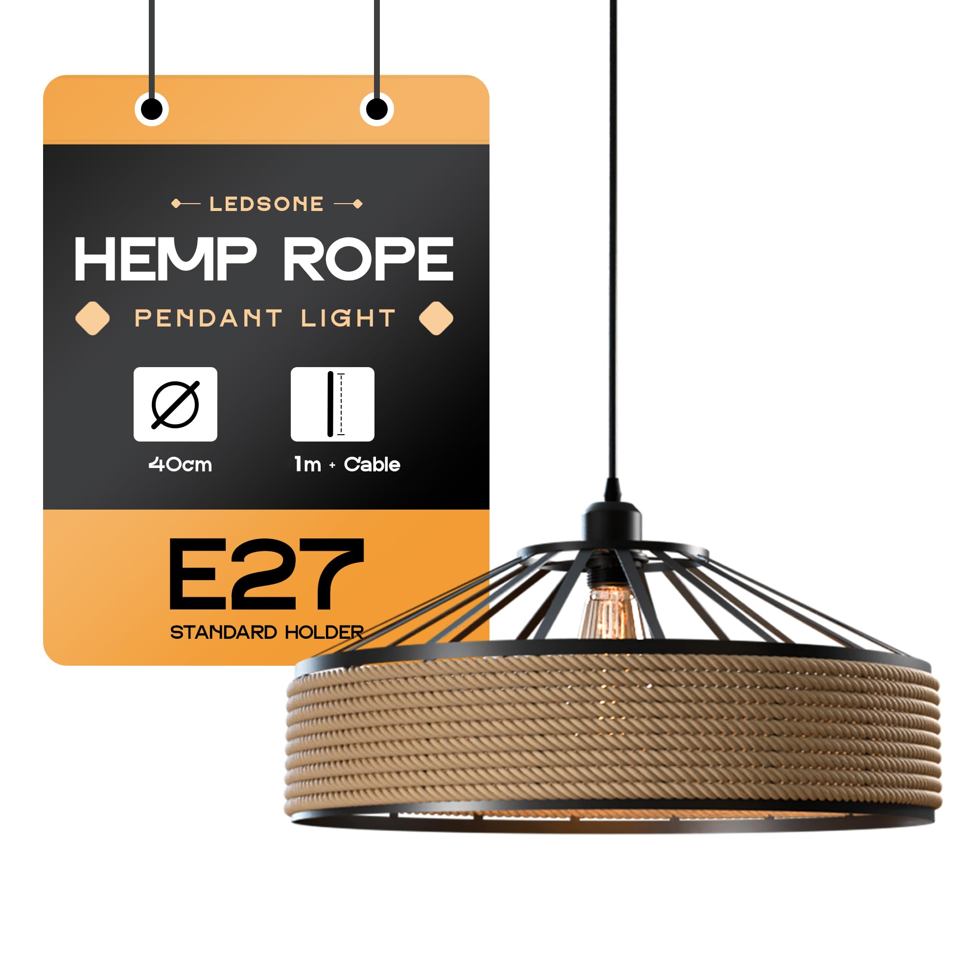 LEDSone Vintage Hemp Rope Pendant Light – Industrial Wire Cage Ceiling Lamp