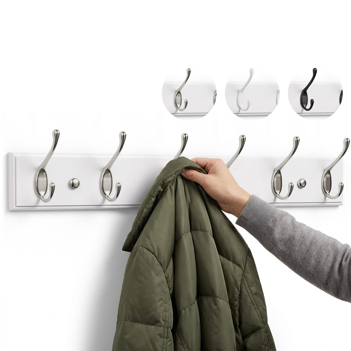 LARHN White Wall-Mounted Coat Rack - 6 Matt-Nickel Coat Hooks, 59cm - image 1