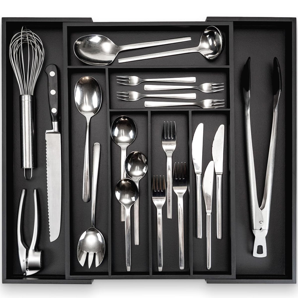 Budu Expandable Bamboo Cutlery Tray - Black Kitchen Drawer Organiser