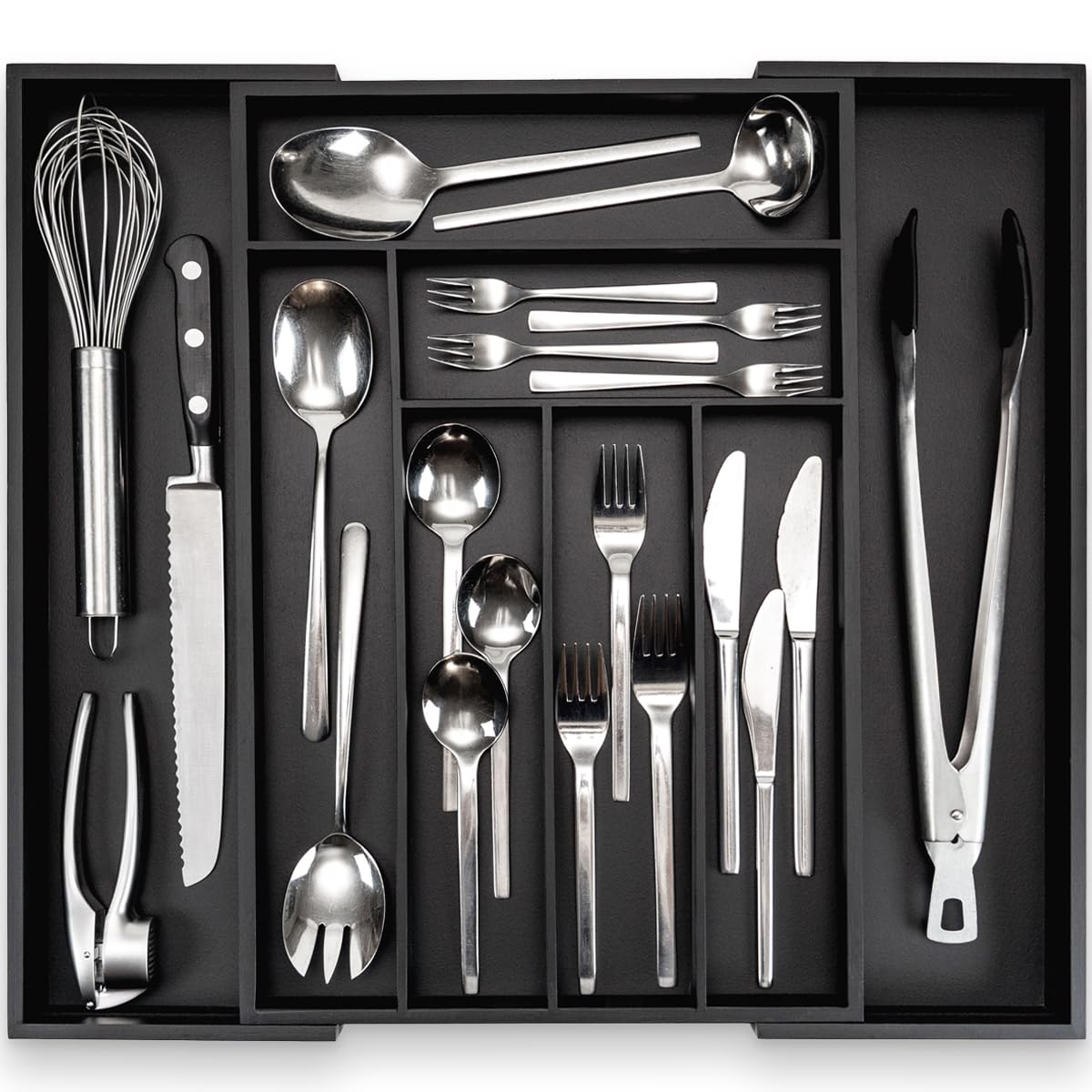 Budu Expandable Bamboo Cutlery Tray - Black Kitchen Drawer Organiser