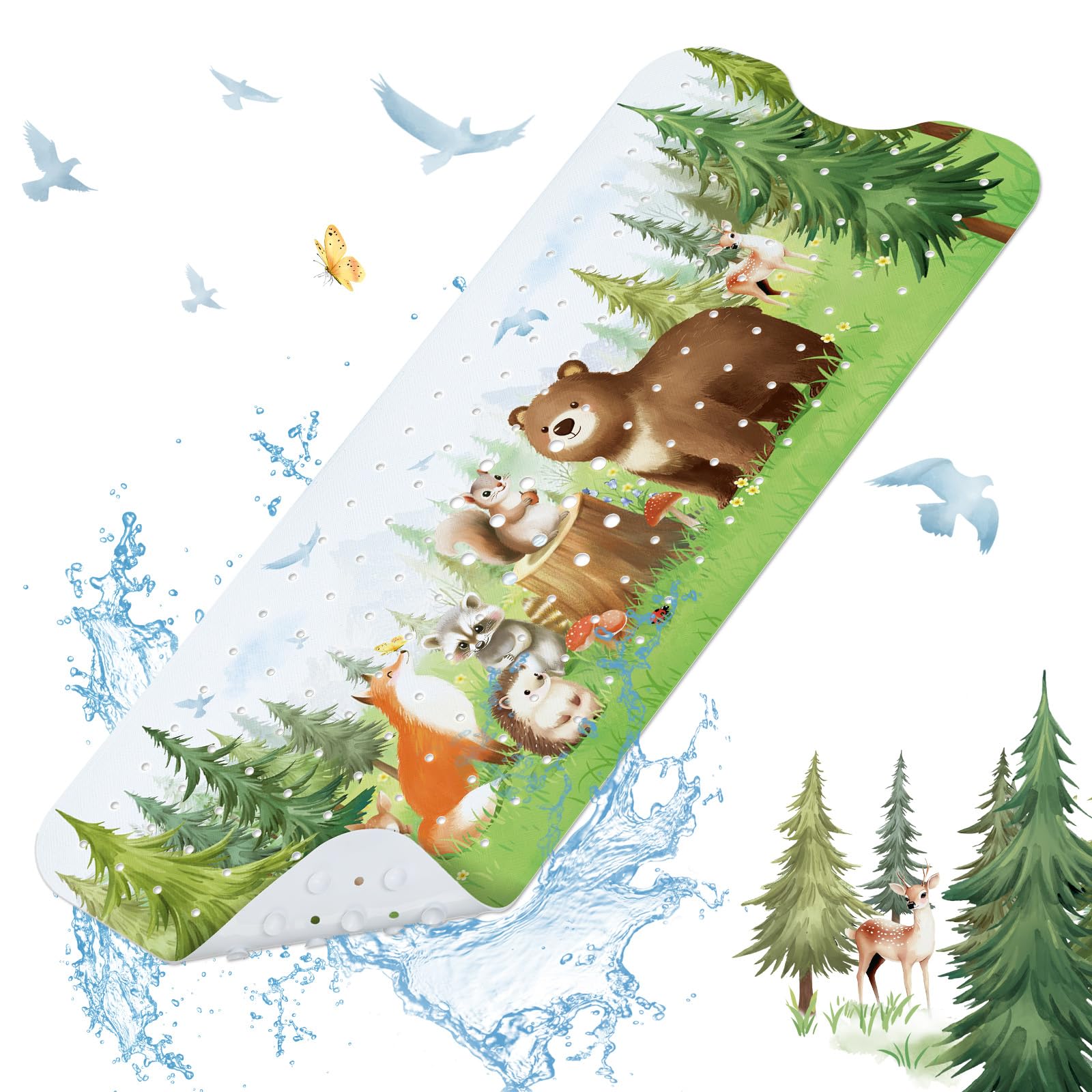 SHUCHING Woodland Animals Kids Bath Mat – Extra Long Non-Slip PVC Mat
