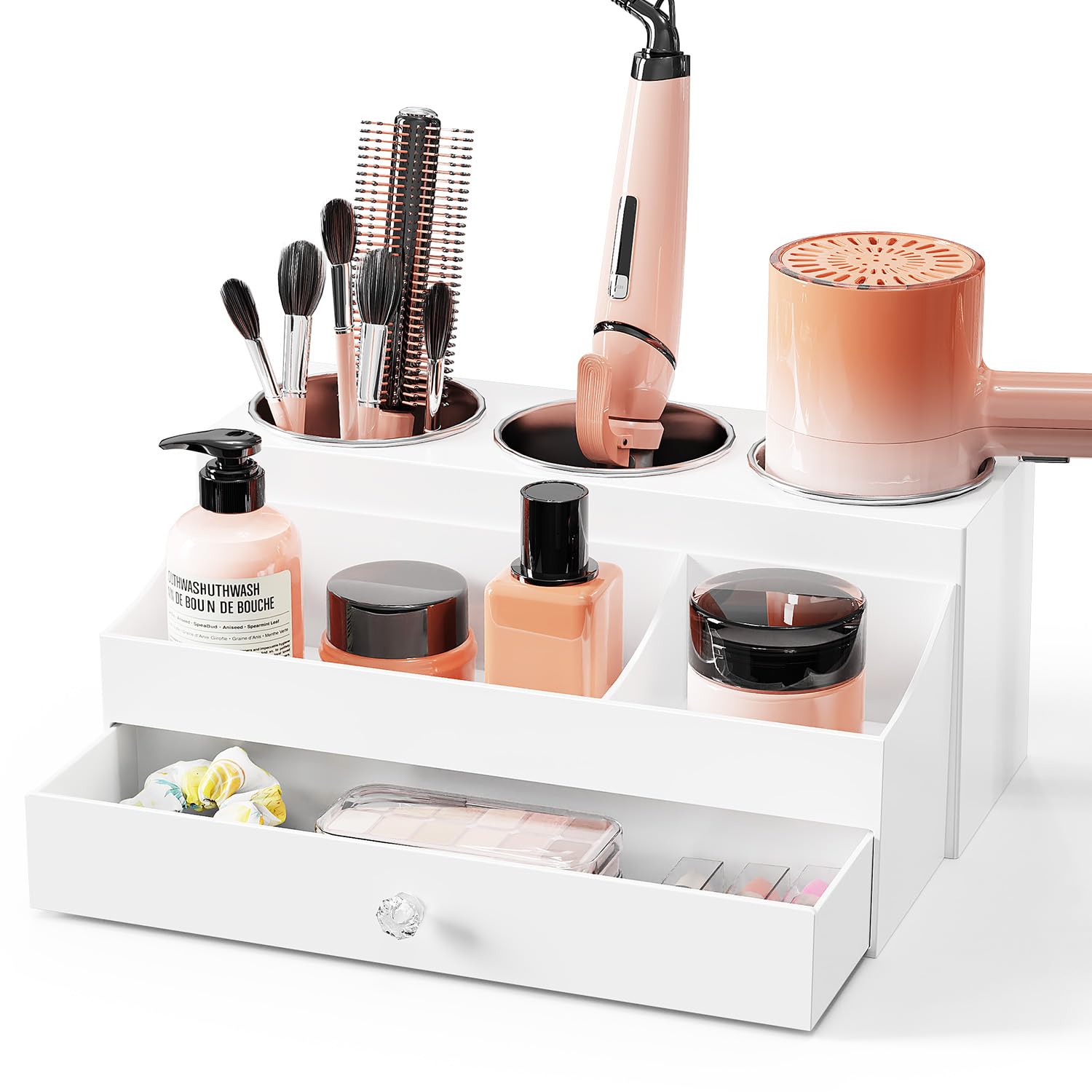 BYUNER Hair Tools Organiser – White Acrylic Hairdryer Holder with Drawer