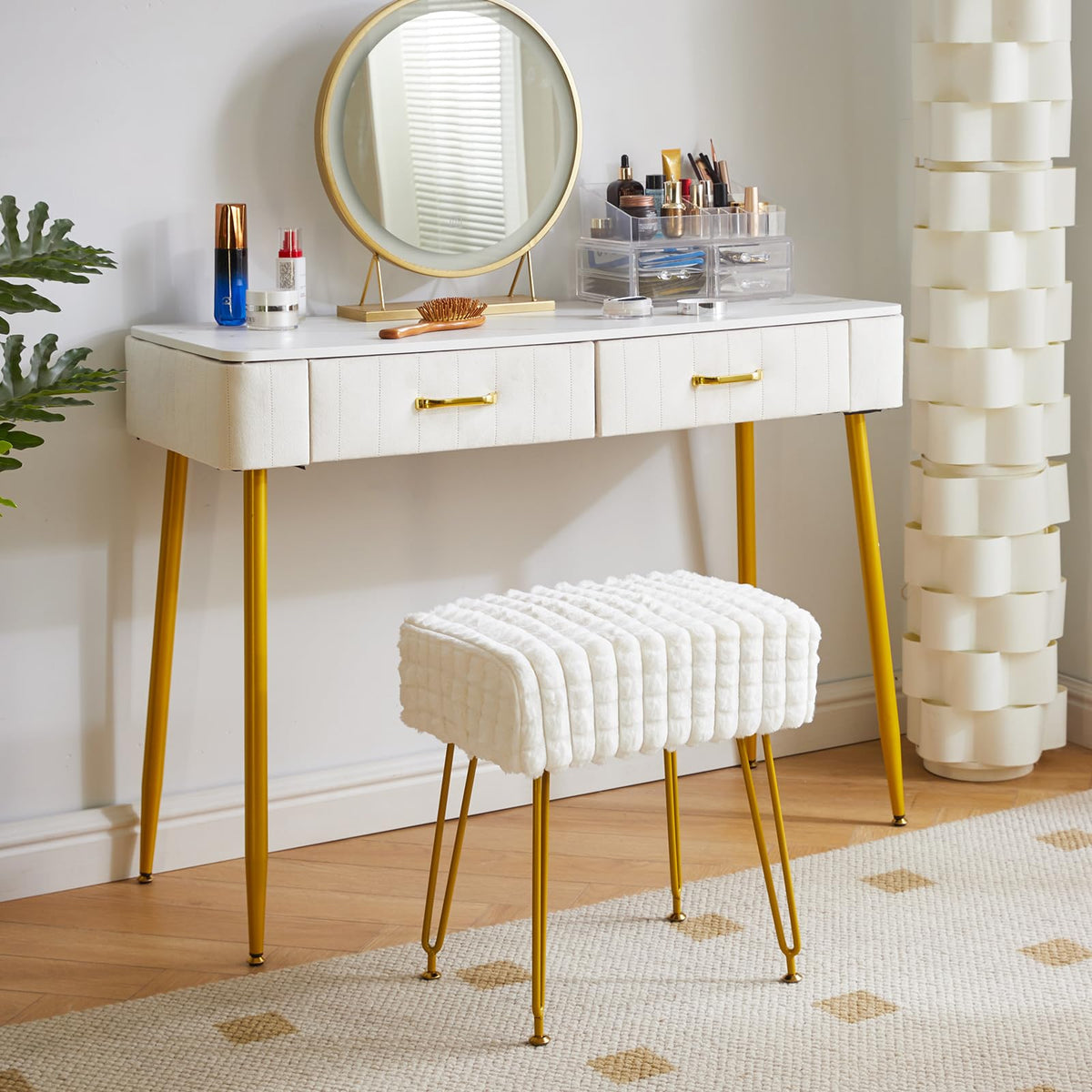 IBUYKE Makeup Vanity Chair, Rectangular Footrest Stool, White WBD003W - image 2